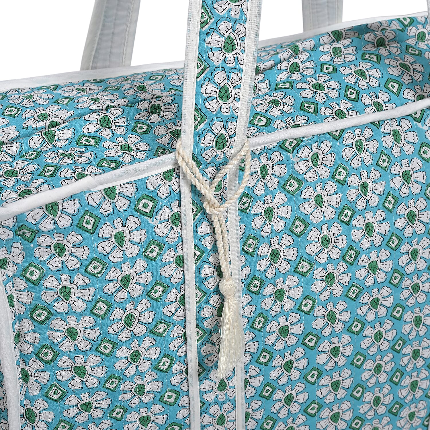 Quilted Fabric Floral Print Tote Bag with Zipper Closure - Turquoise Green and White