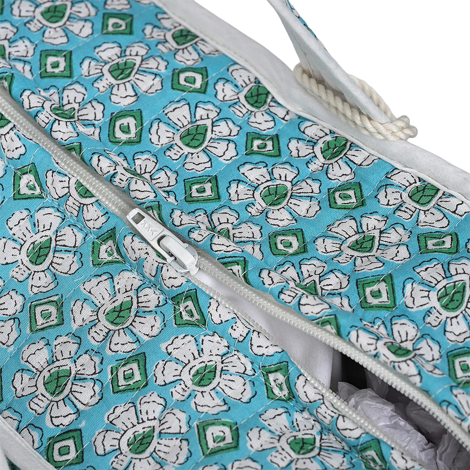 Quilted Fabric Floral Print Tote Bag with Zipper Closure - Turquoise Green and White