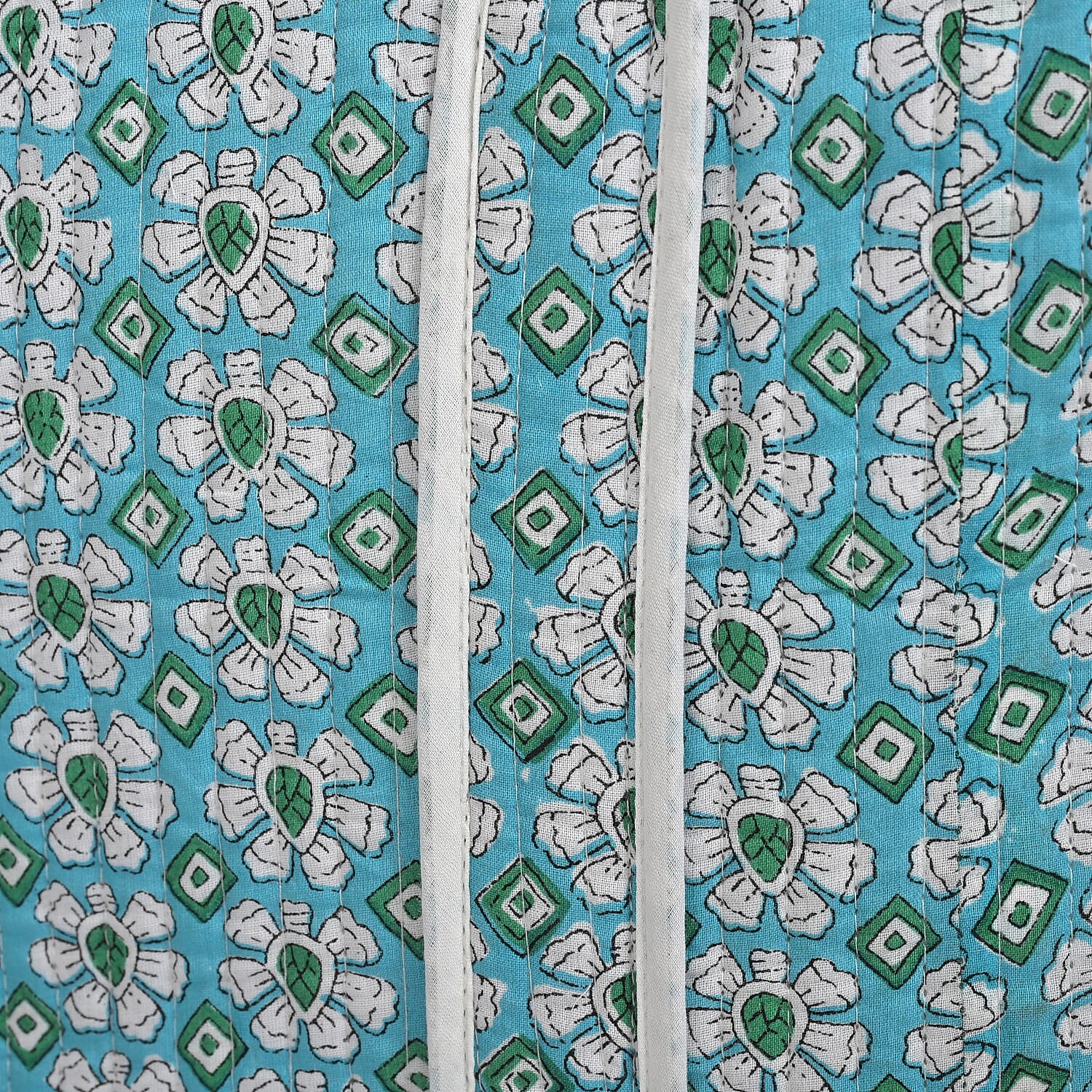 Quilted Fabric Floral Print Tote Bag with Zipper Closure - Turquoise Green and White