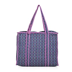 Quilted Fabric Stripe Pattern Tote Bag with Zipper Closure - White & Blue