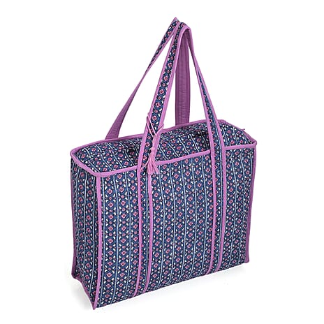 Quilted Fabric Flower Pattern Tote Bag with Zipper Closure - Navy & Purple