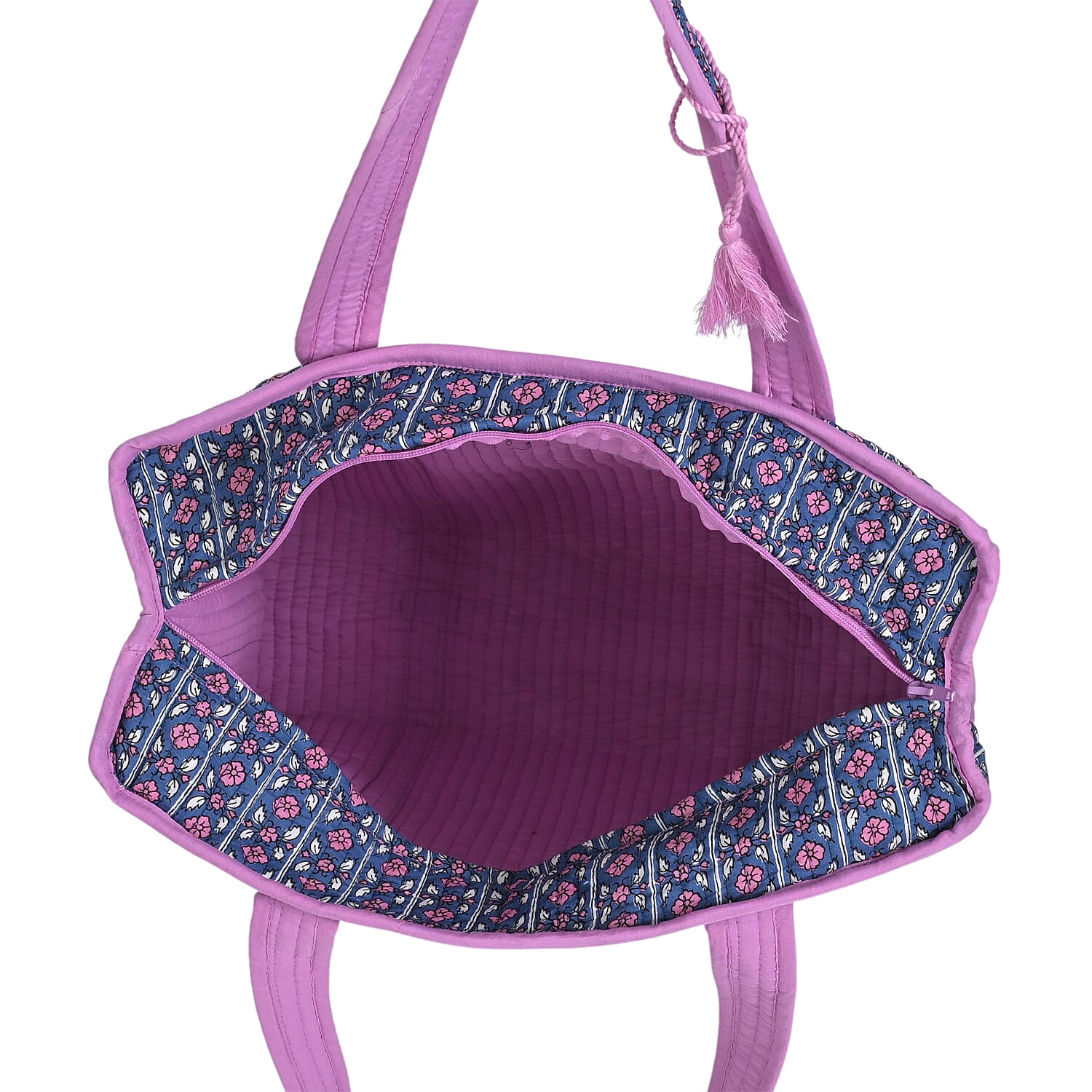 Quilted Fabric Flower Pattern Tote Bag with Zipper Closure - Navy & Purple Quilted Fabric Flower Pattern Tote Bag with Zipper Closure - Navy & Purple