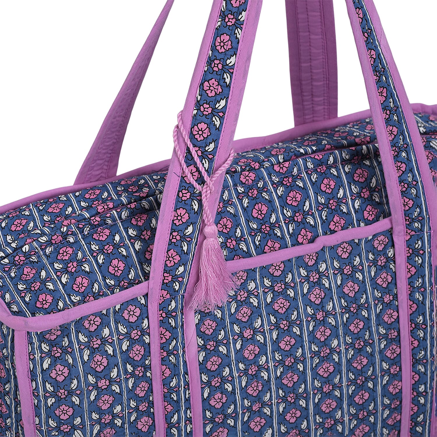 Quilted Fabric Flower Pattern Tote Bag with Zipper Closure - Navy & Purple Quilted Fabric Flower Pattern Tote Bag with Zipper Closure - Navy & Purple