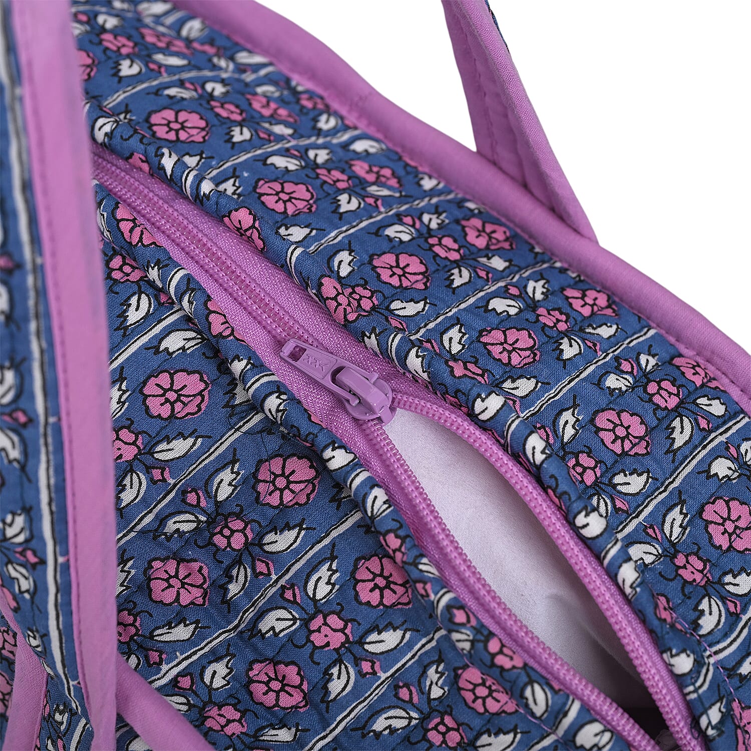 Quilted Fabric Flower Pattern Tote Bag with Zipper Closure - Navy & Purple Quilted Fabric Flower Pattern Tote Bag with Zipper Closure - Navy & Purple