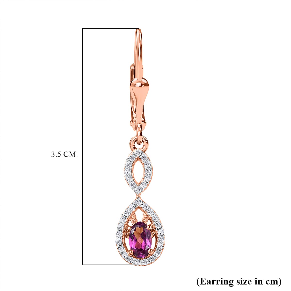 Radiant Ember Garnet & White Zircon Solitaire Lever Back Earring in 18K Vermeil Rose Gold Plated Sterling Silver 1.01 Ct. Radiant Ember Garnet & White Zircon Solitaire Lever Back Earring in 18K Vermeil Rose Gold Plated Sterling Silver 1.01 Ct.