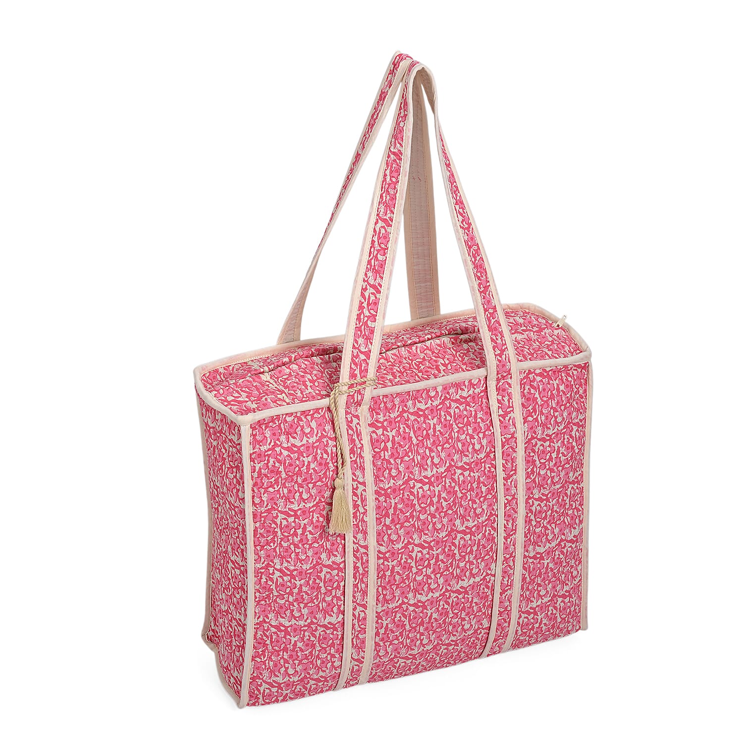Quilted Fabric Abstract Flower Pattern Tote Bag with Zipper Closure - Pink & Cream