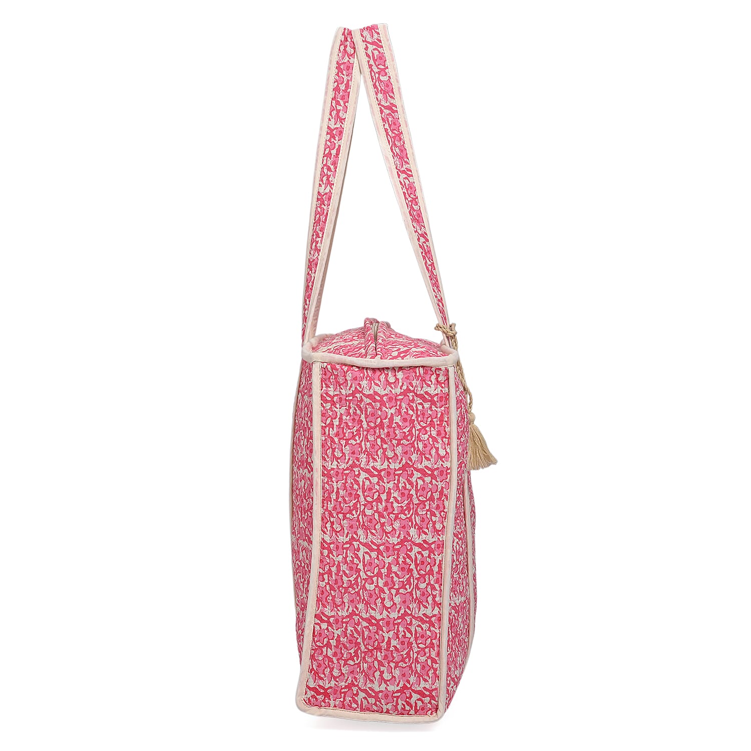 Quilted Fabric Abstract Flower Pattern Tote Bag with Zipper Closure - Pink & Cream