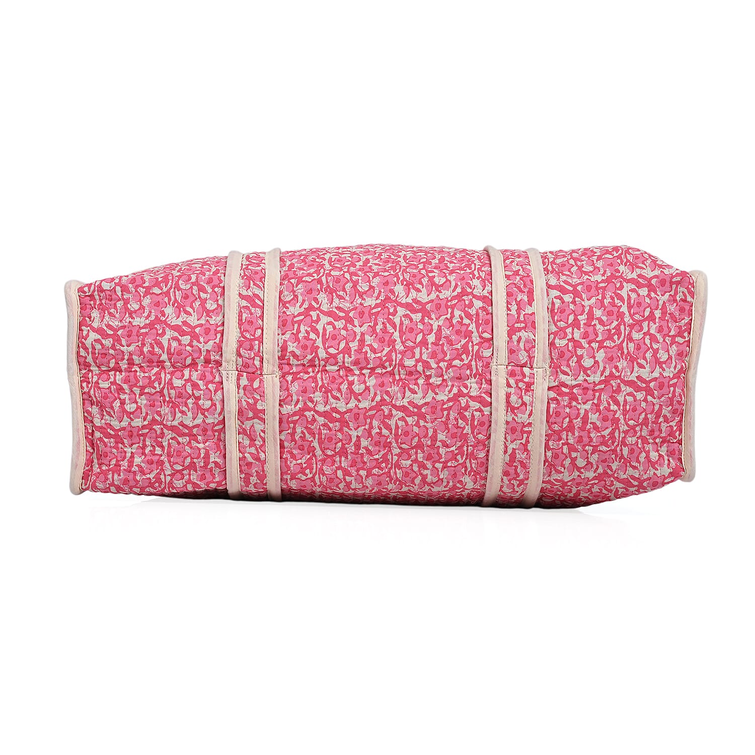 Quilted Fabric Abstract Flower Pattern Tote Bag with Zipper Closure - Pink & Cream