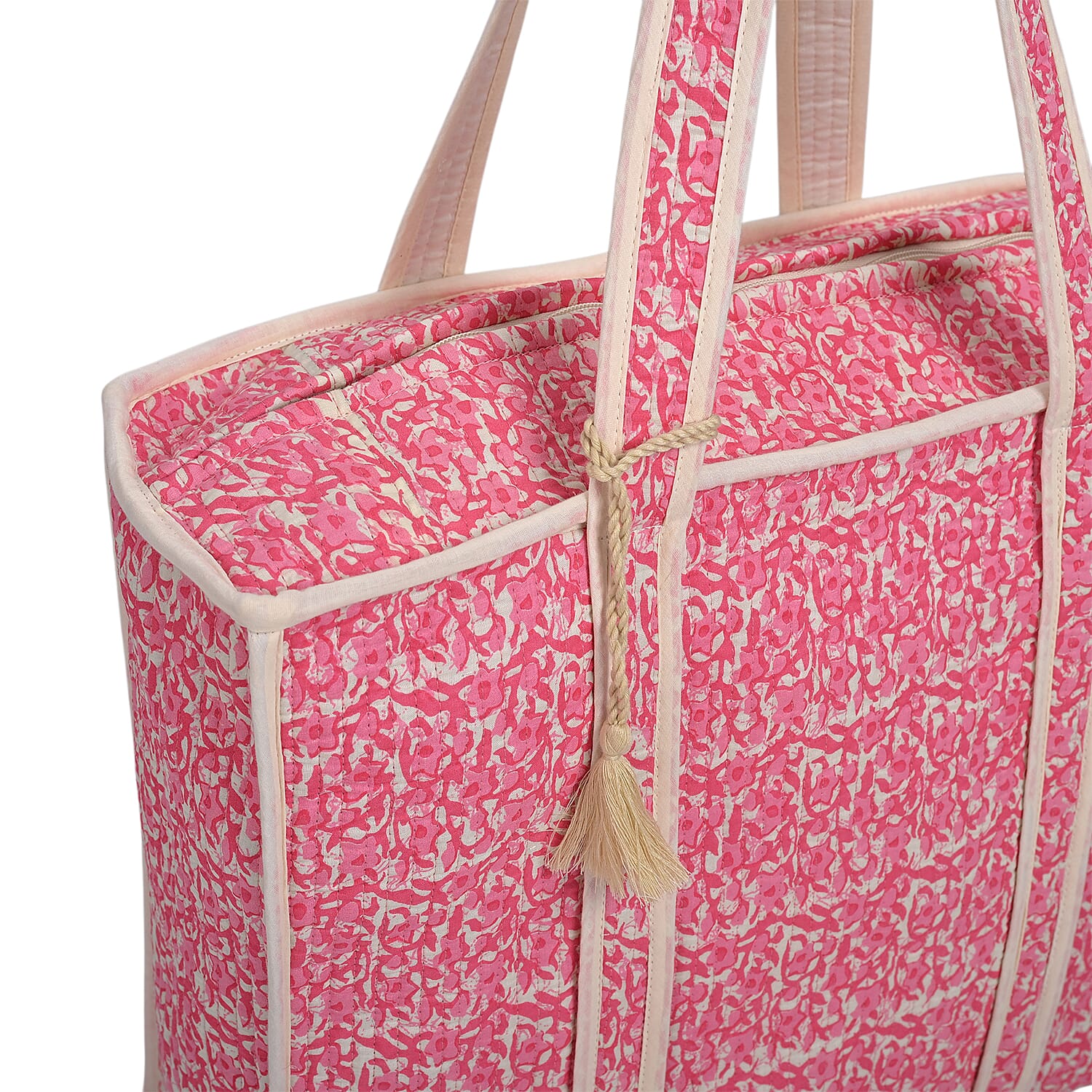 Quilted Fabric Abstract Flower Pattern Tote Bag with Zipper Closure - Pink & Cream