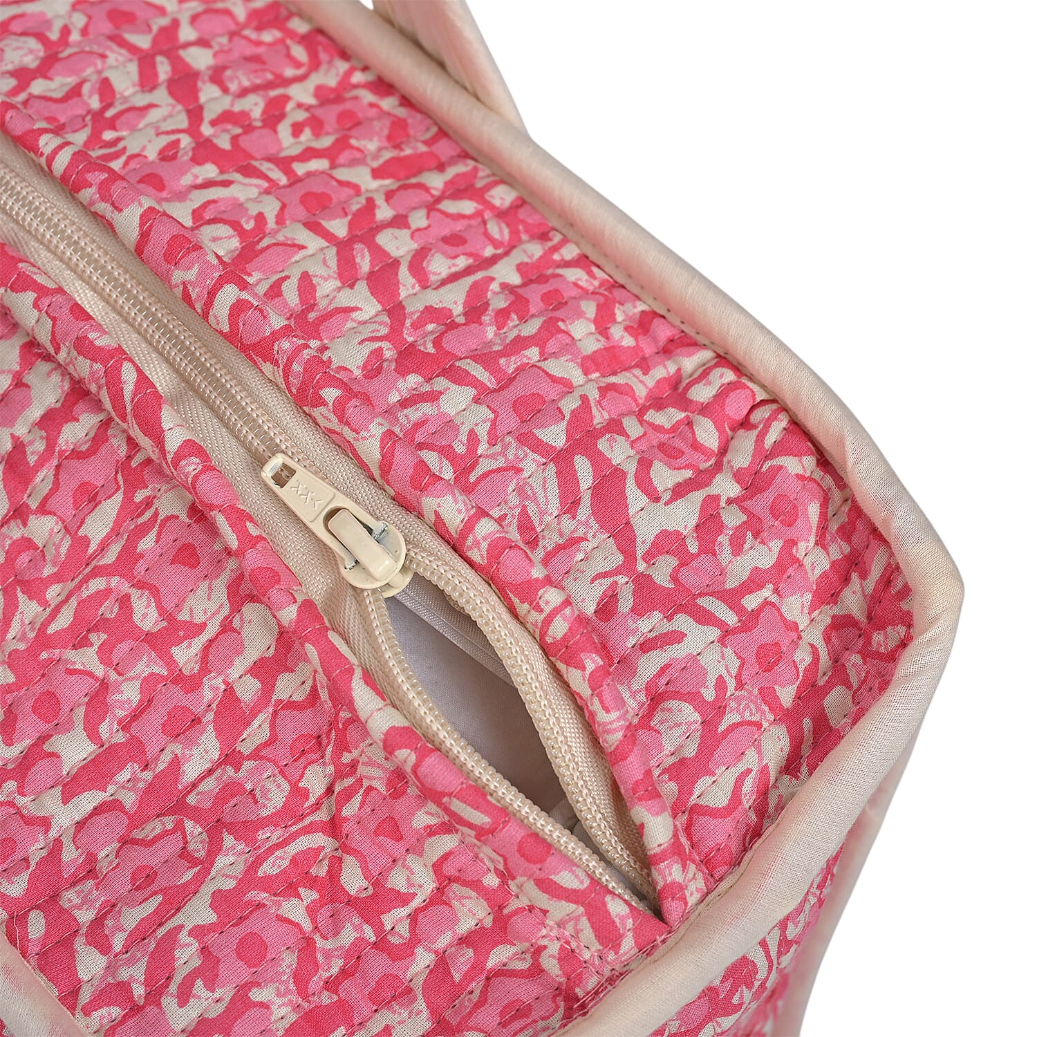 Quilted Fabric Abstract Flower Pattern Tote Bag with Zipper Closure - Pink & Cream
