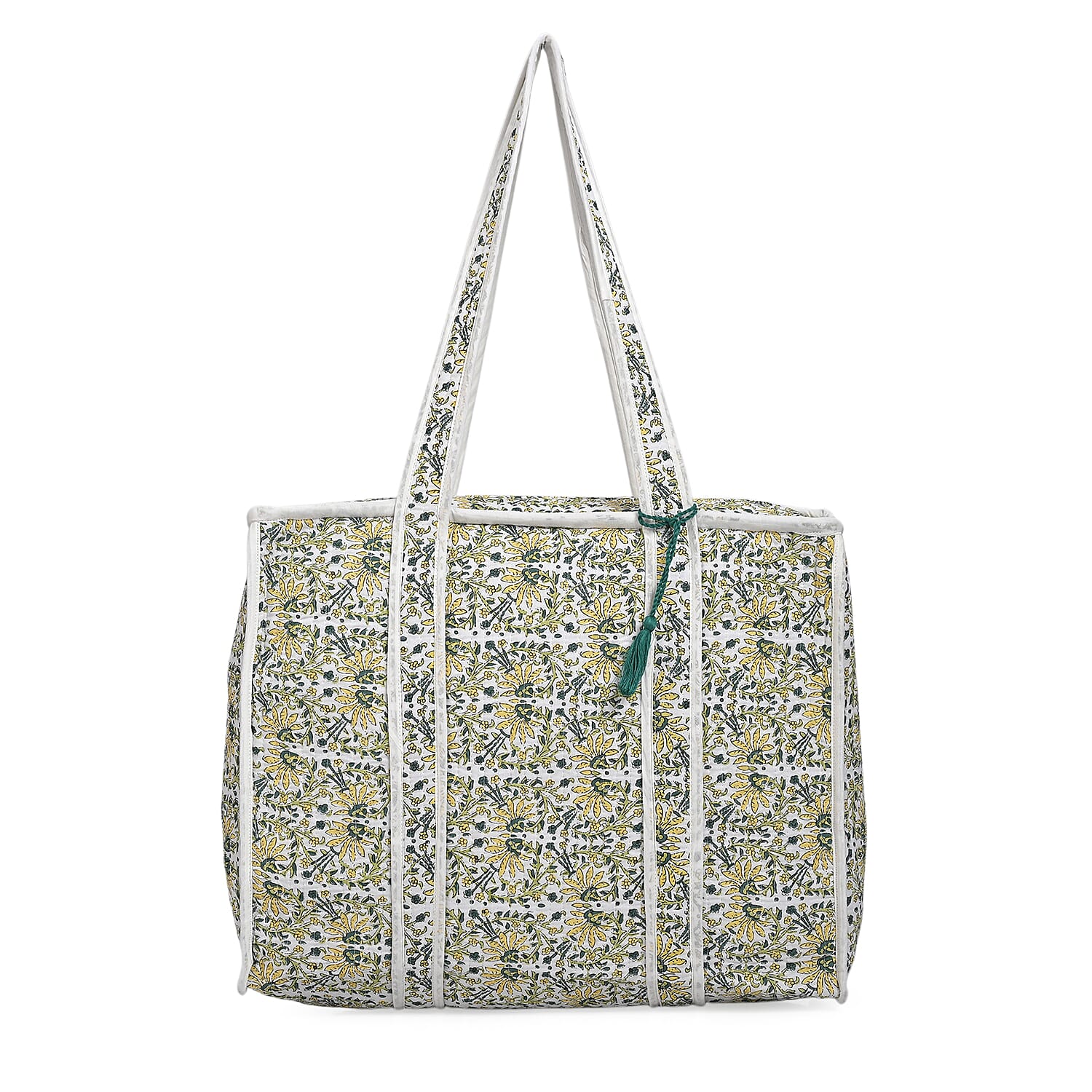 Quilted Fabric Flower Pattern Tote Bag with Zipper Closure - White, Yellow & Green
