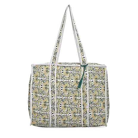 Quilted Fabric Flower Pattern Tote Bag with Zipper Closure - White, Yellow & Green