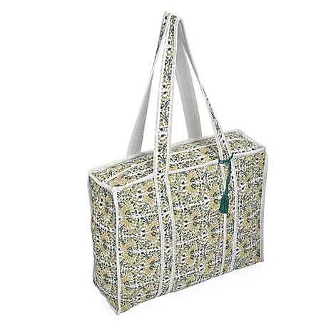 Quilted Fabric Flower Pattern Tote Bag with Zipper Closure - White, Yellow & Green