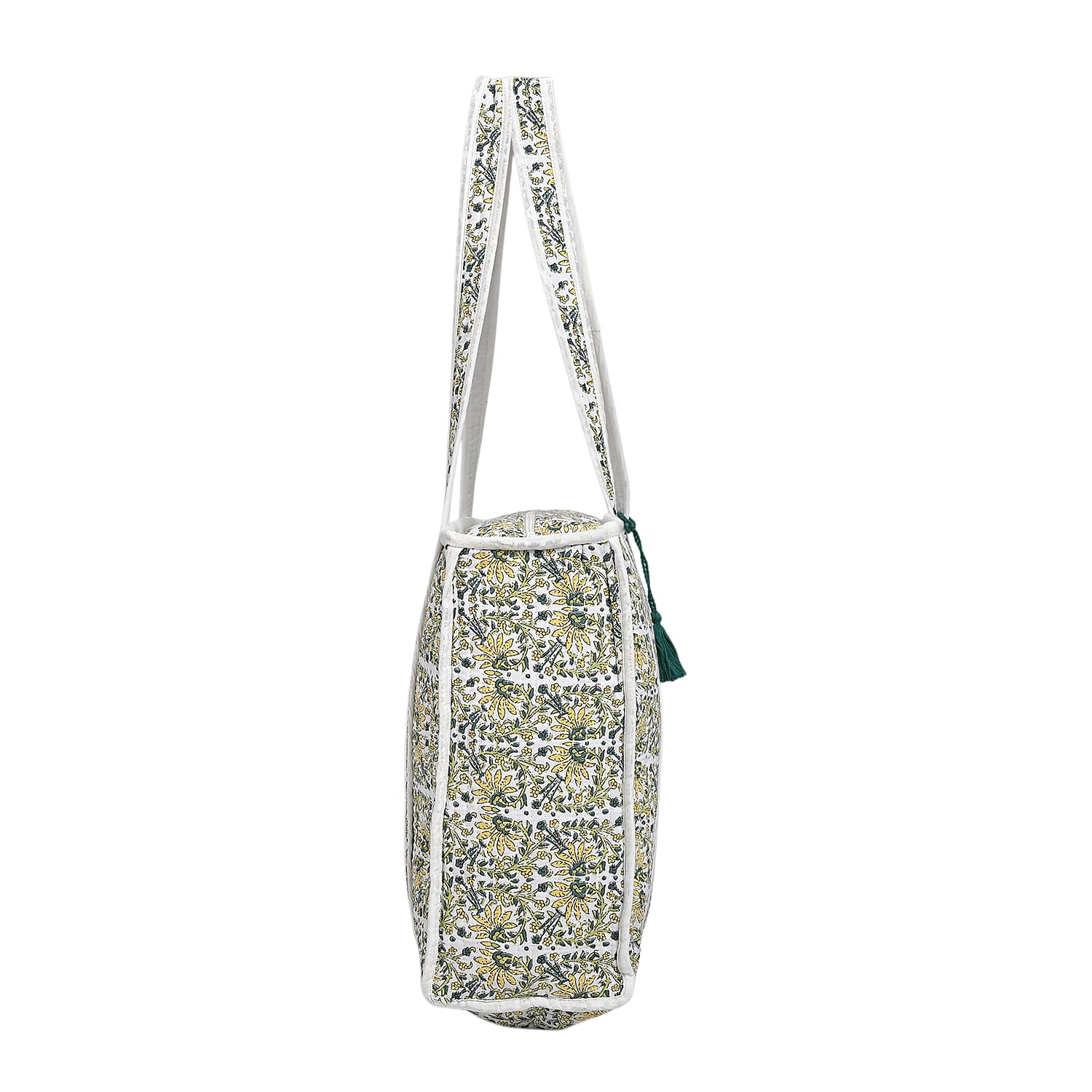 Quilted Fabric Flower Pattern Tote Bag with Zipper Closure - White, Yellow & Green