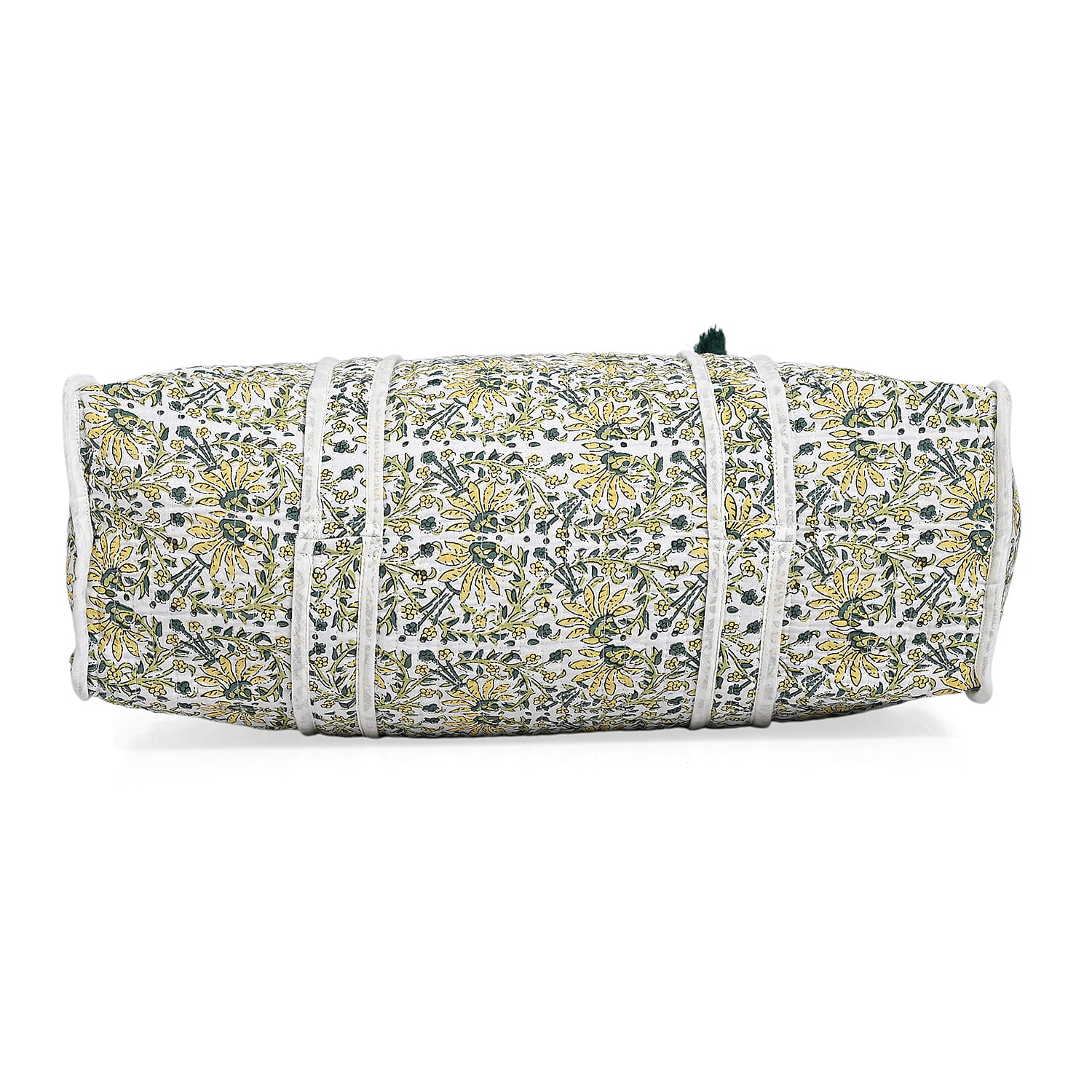 Quilted Fabric Flower Pattern Tote Bag with Zipper Closure - White, Yellow & Green