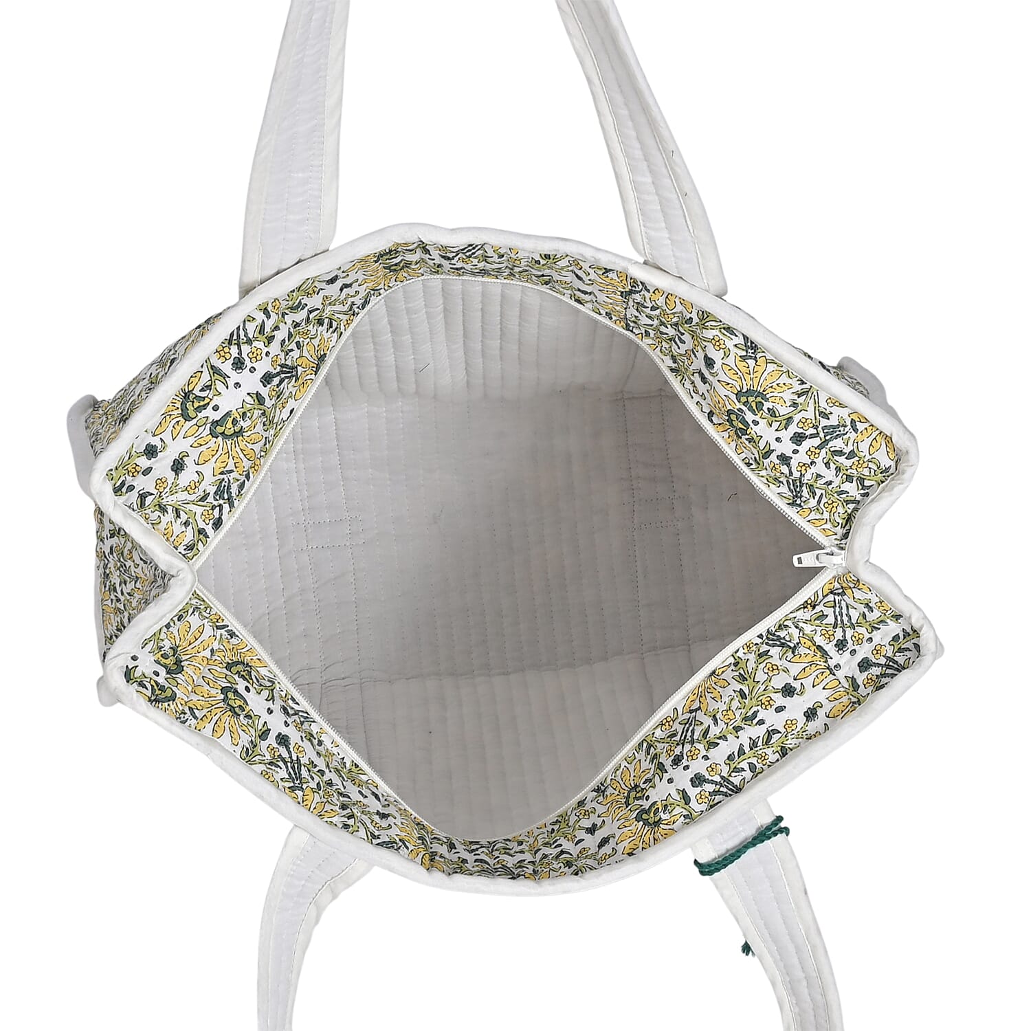 Quilted Fabric Flower Pattern Tote Bag with Zipper Closure - White, Yellow & Green