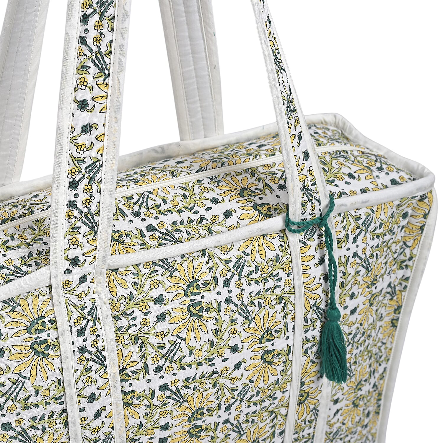 Quilted Fabric Flower Pattern Tote Bag with Zipper Closure - White, Yellow & Green
