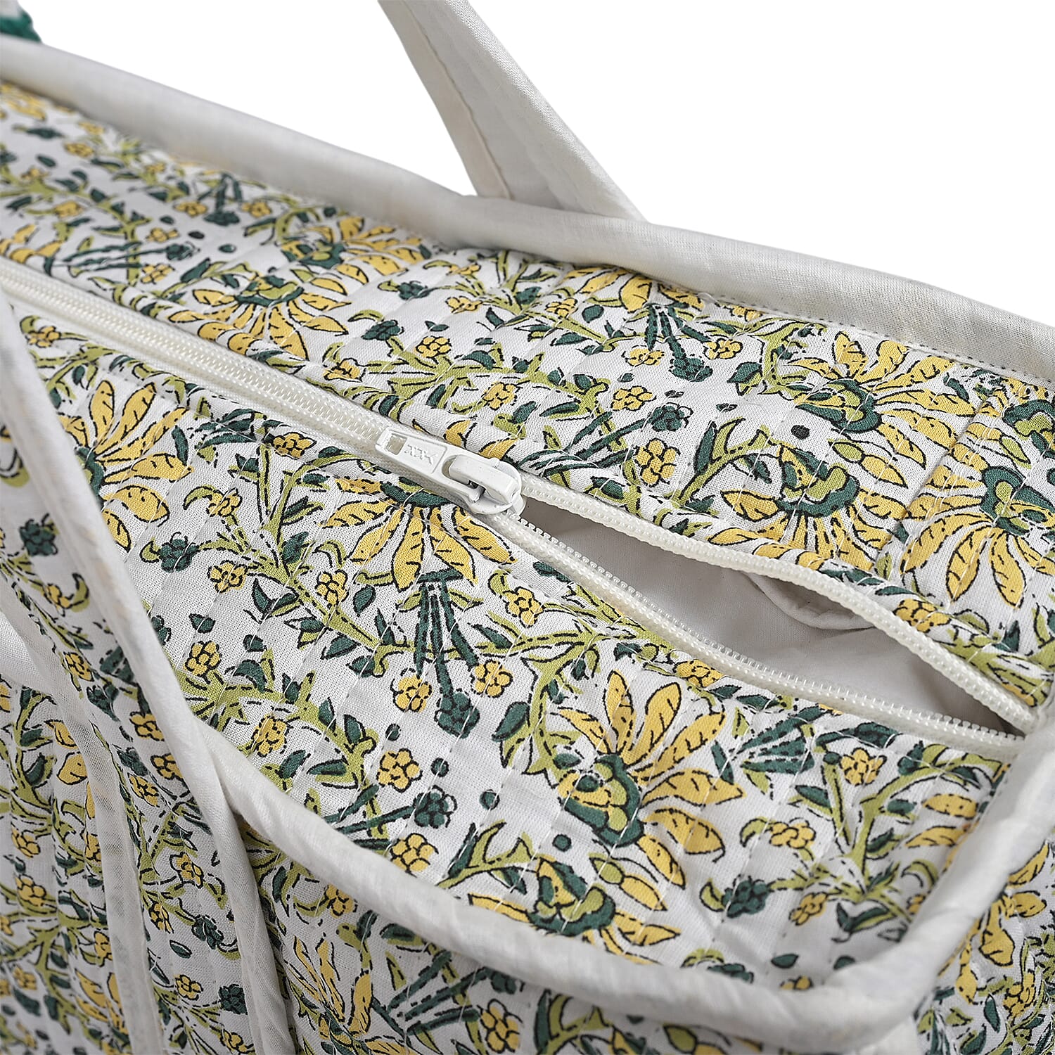 Quilted Fabric Flower Pattern Tote Bag with Zipper Closure - White, Yellow & Green