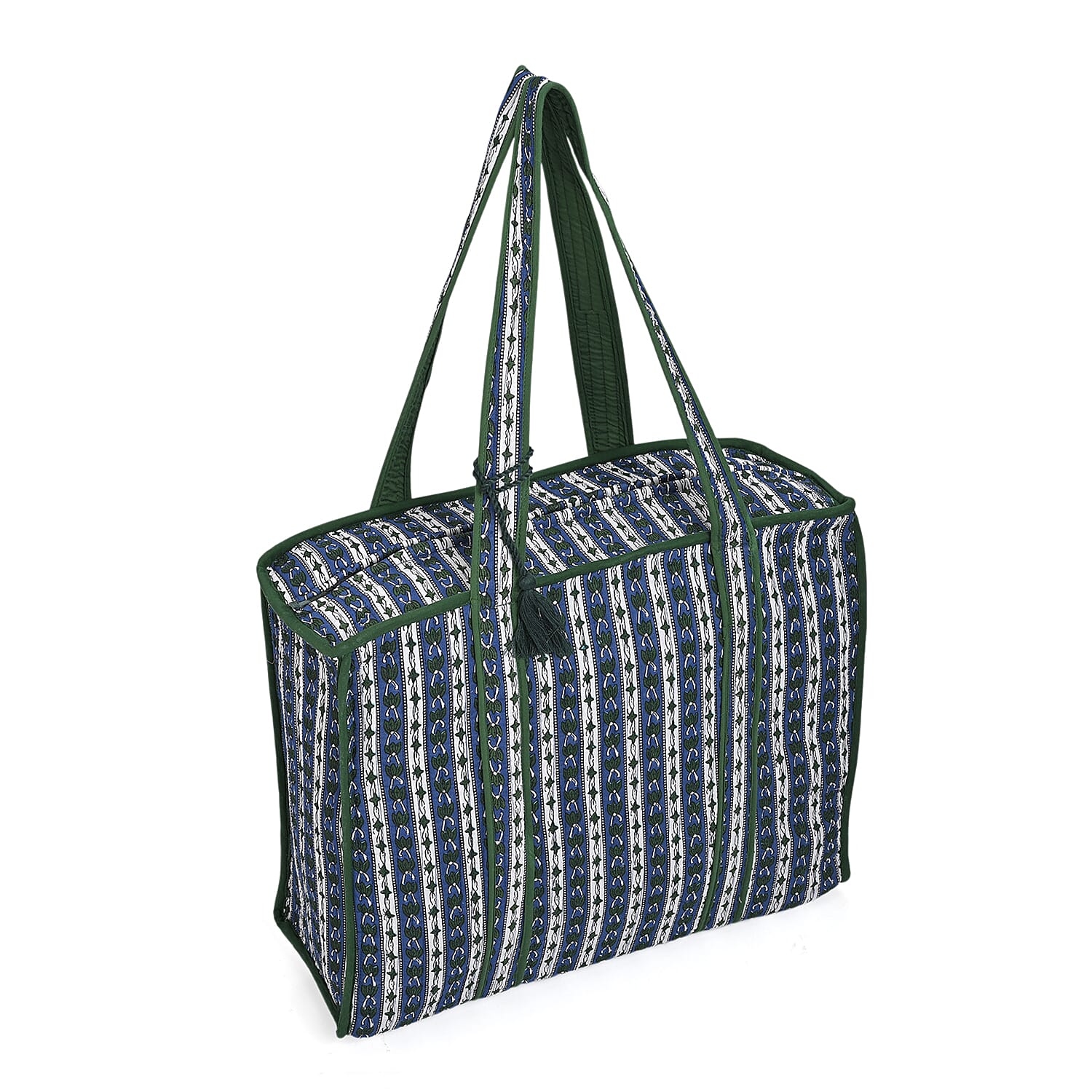 Quilted Fabric Stripe Pattern Tote Bag with Zipper Closure - White & Blue