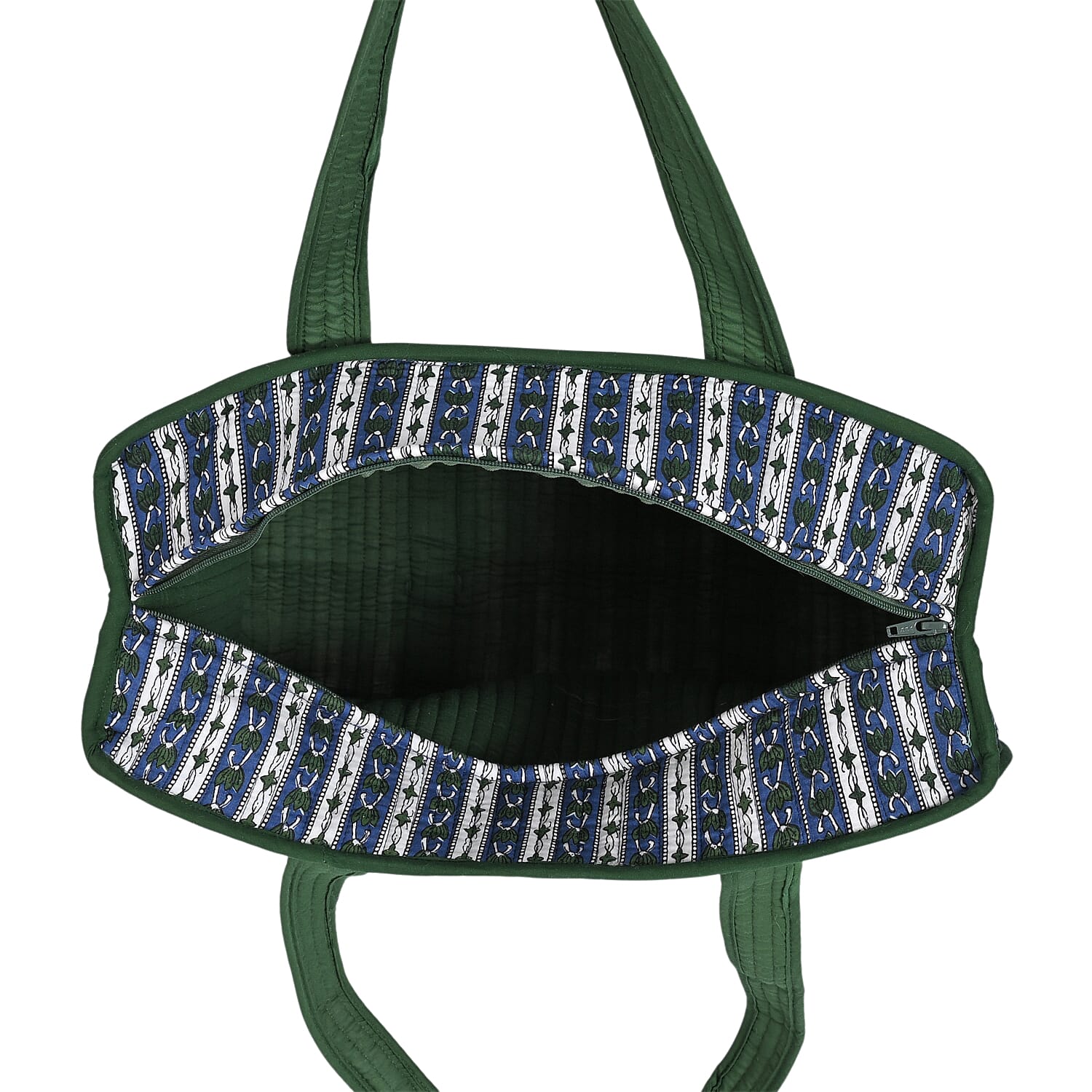 Quilted Fabric Stripe Pattern Tote Bag with Zipper Closure - White & Blue