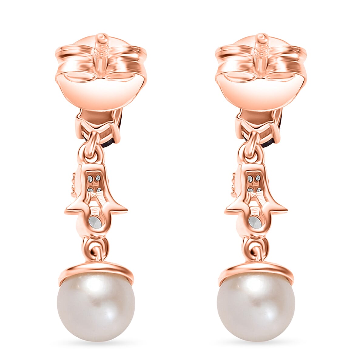 Radiant Ember Garnet, Fresh Water Pearl & White Zircon Earring with Push Back in 18K Vermeil Rose Gold Plated Sterling Silver 3.51 Ct. Radiant Ember Garnet, Fresh Water Pearl & White Zircon Earring with Push Back in 18K Vermeil Rose Gold Plated Sterling Silver 3.51 Ct.