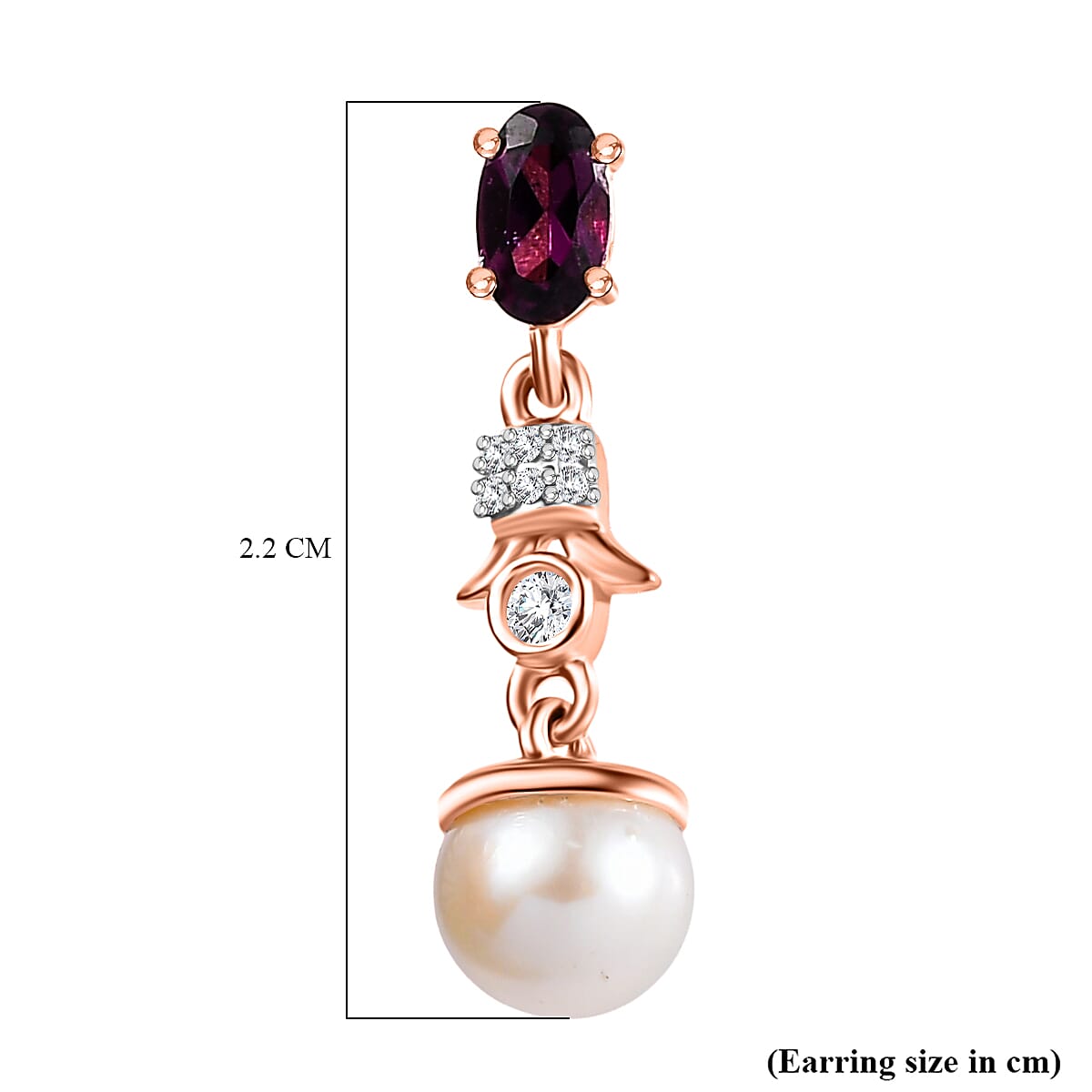 Radiant Ember Garnet, Fresh Water Pearl & White Zircon Earring with Push Back in 18K Vermeil Rose Gold Plated Sterling Silver 3.51 Ct. Radiant Ember Garnet, Fresh Water Pearl & White Zircon Earring with Push Back in 18K Vermeil Rose Gold Plated Sterling Silver 3.51 Ct.