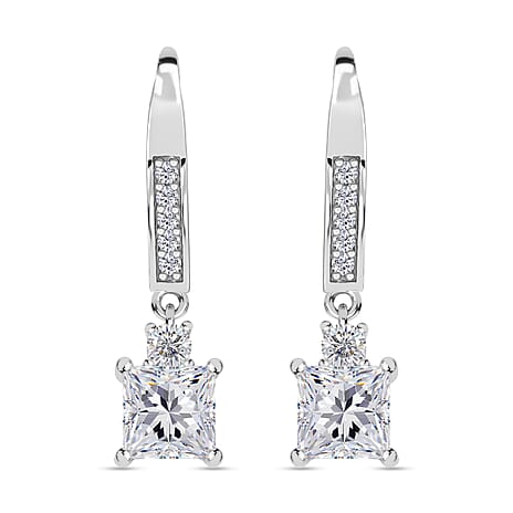 RADIANTA Premium Moissanite - GRA Certified Earring with Hook in Rhodium Overlay Sterling Silver 1.80 Ct.