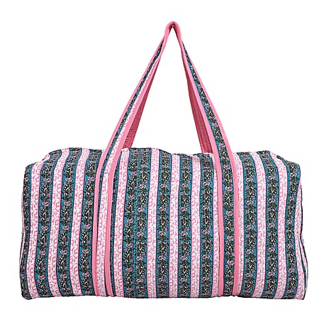 Cotton Hand - Block Stripe Print Quilted Travel Duffel Bag - Pink, Blue & Green