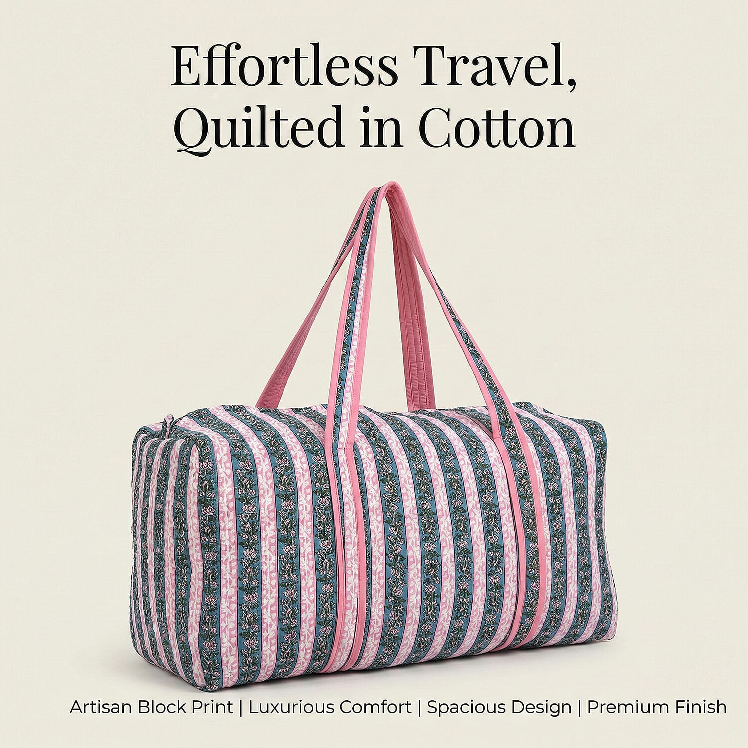 Cotton Hand - Block Stripe Print Quilted Travel Duffel Bag - Pink, Blue & Green