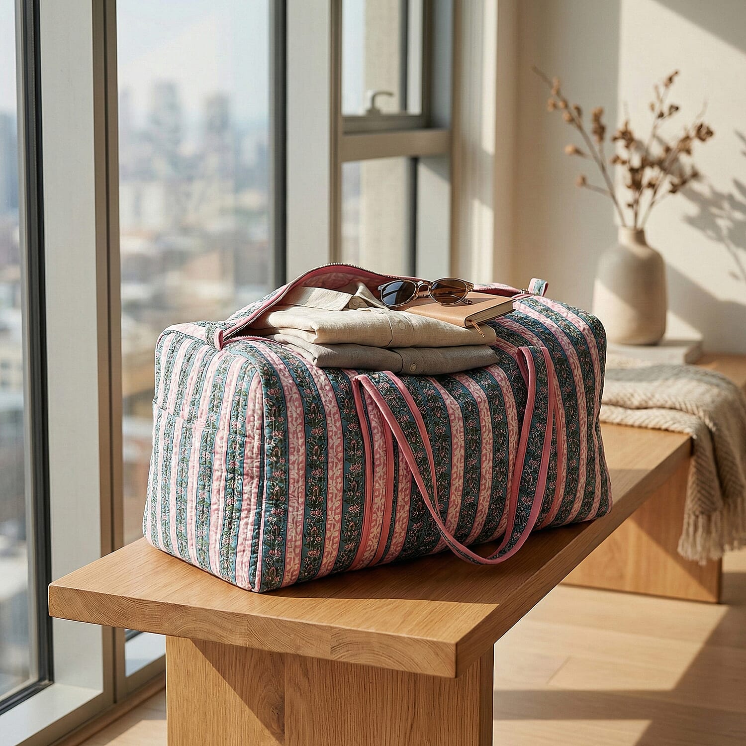 Cotton Hand - Block Stripe Print Quilted Travel Duffel Bag - Pink, Blue & Green