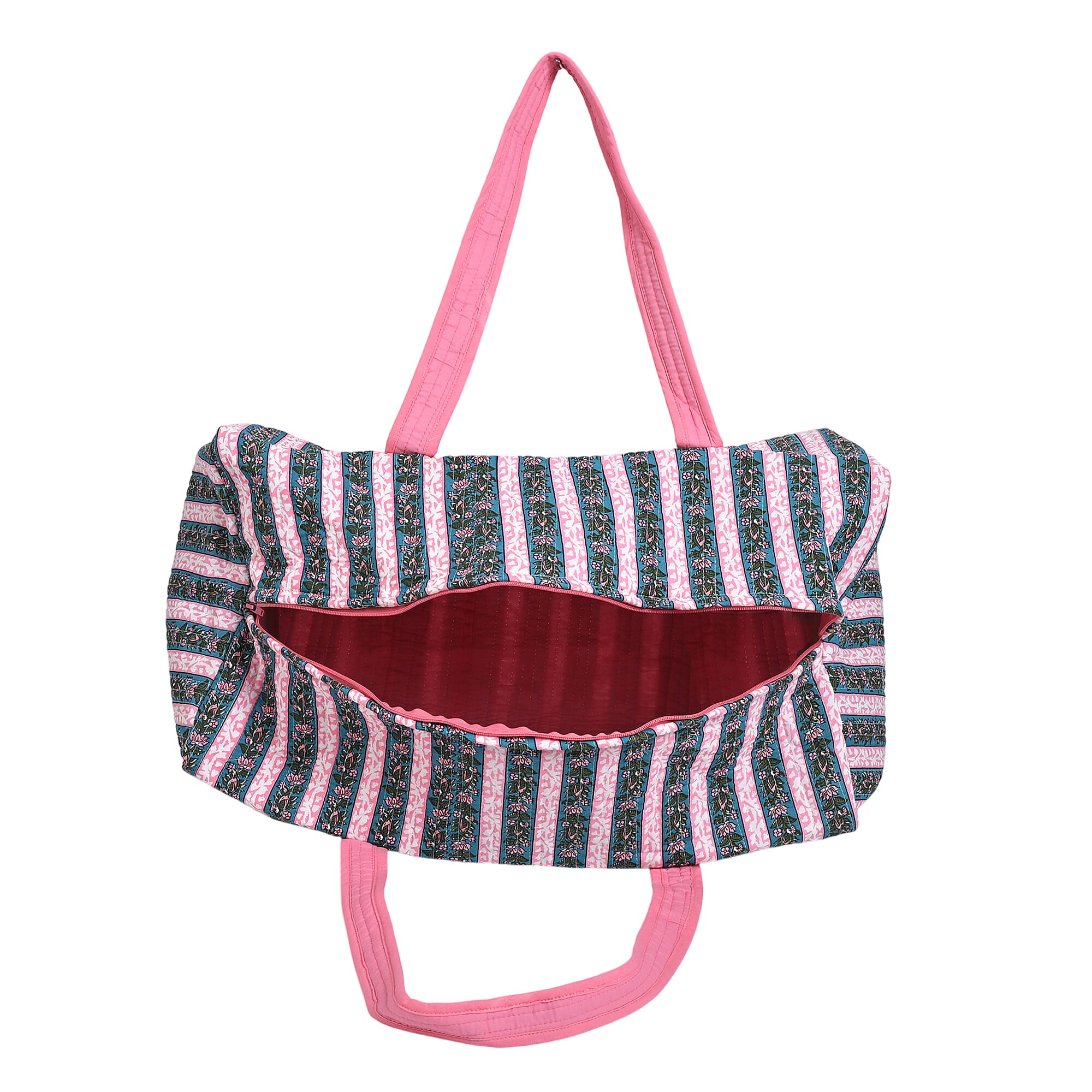 Cotton Hand - Block Stripe Print Quilted Travel Duffel Bag - Pink, Blue & Green Cotton Hand - Block Stripe Print Quilted Travel Duffel Bag - Pink, Blue & Green