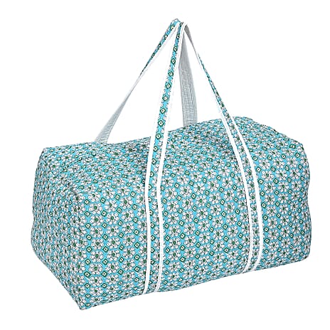 Cotton Hand - Block Floral Print Quilted Travel Duffel Bag - Turquoise Green & White