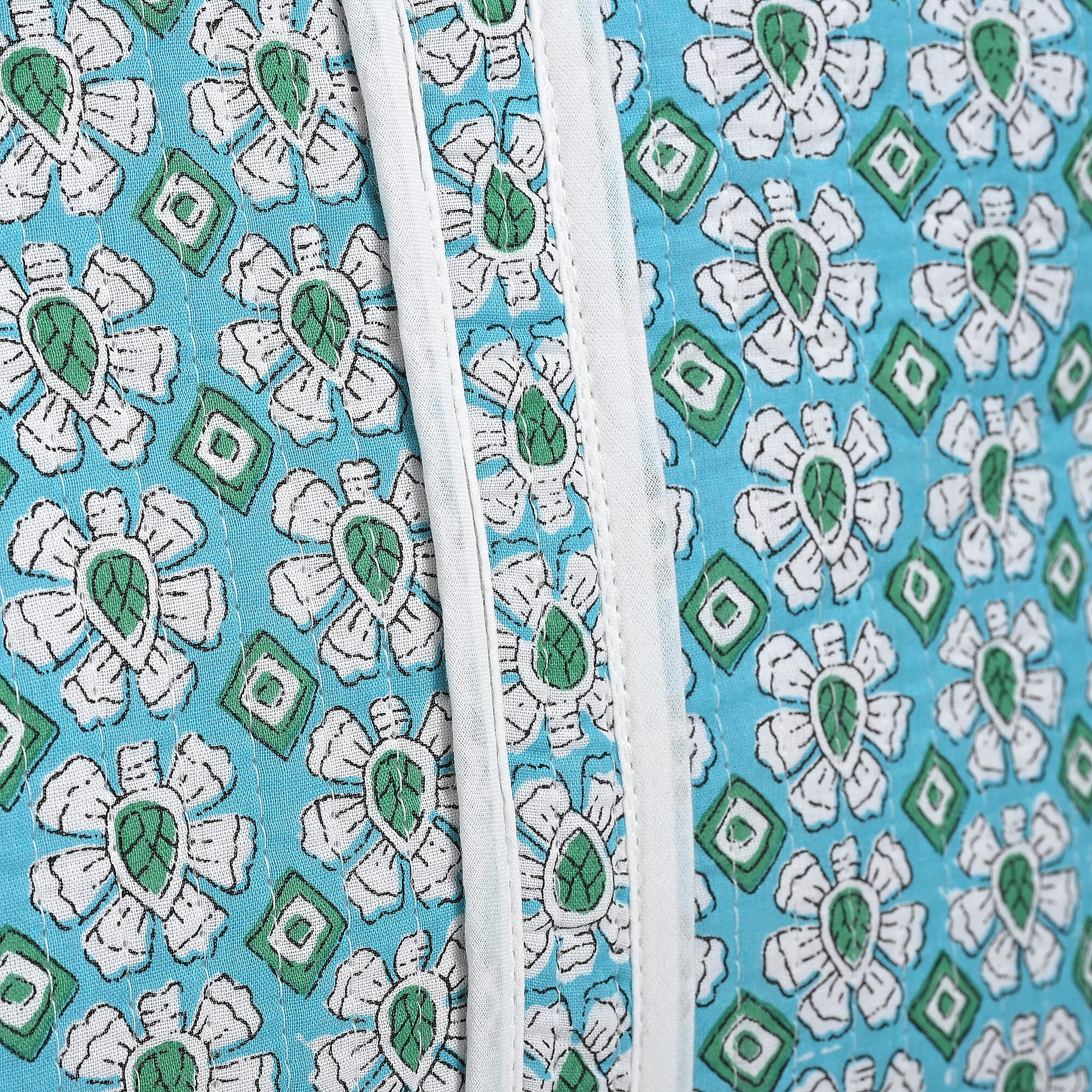 Cotton Hand - Block Floral Print Quilted Travel Duffel Bag - Turquoise Green & White Cotton Hand - Block Floral Print Quilted Travel Duffel Bag - Turquoise Green & White