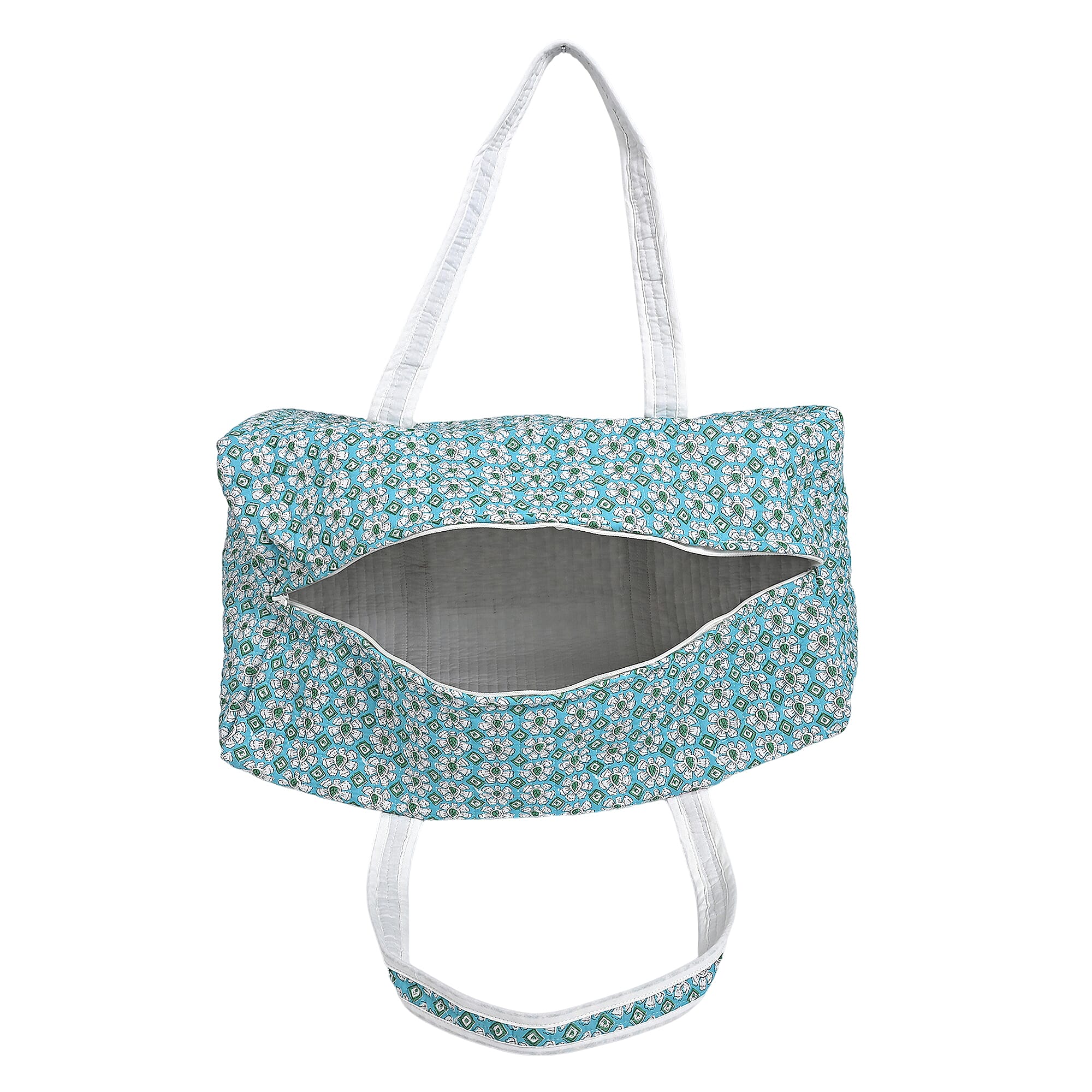 Cotton Hand - Block Floral Print Quilted Travel Duffel Bag - Turquoise Green & White Cotton Hand - Block Floral Print Quilted Travel Duffel Bag - Turquoise Green & White
