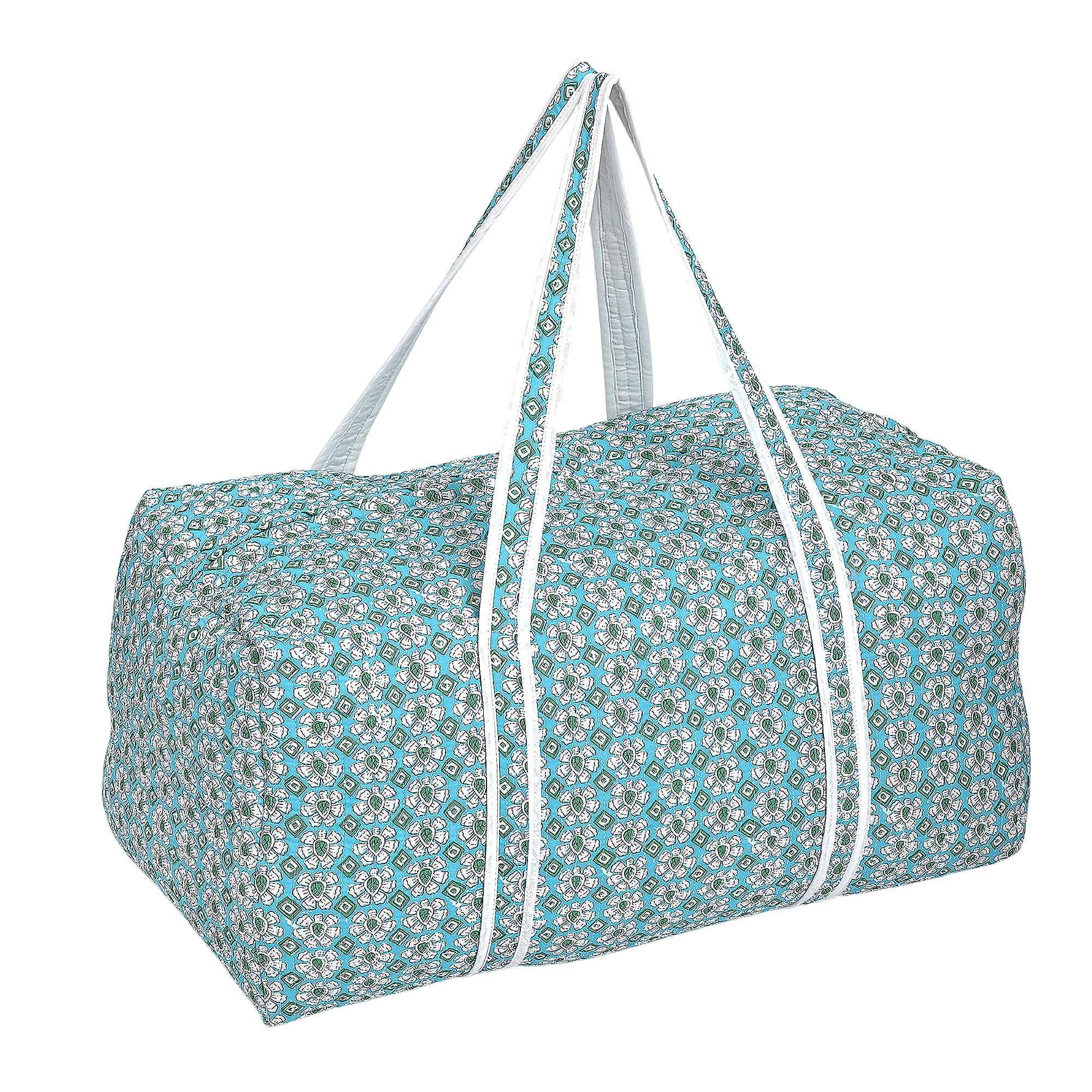 Cotton Hand - Block Floral Print Quilted Travel Duffel Bag - Turquoise Green & White