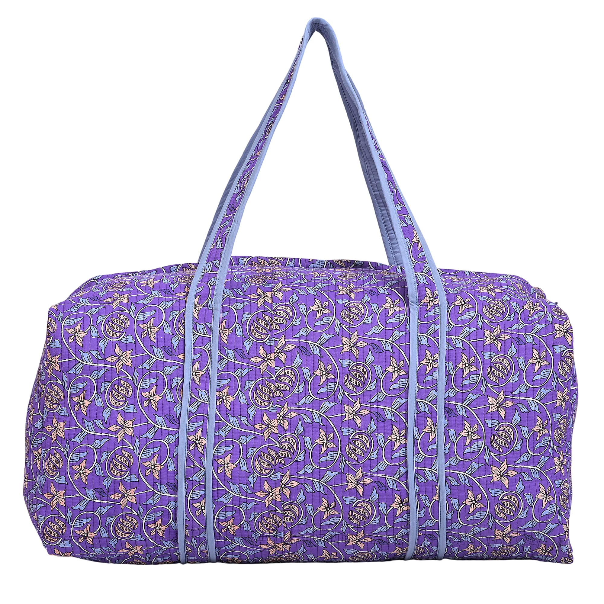 Cotton Hand - Block Floral Print Quilted Travel Duffel Bag - Purple