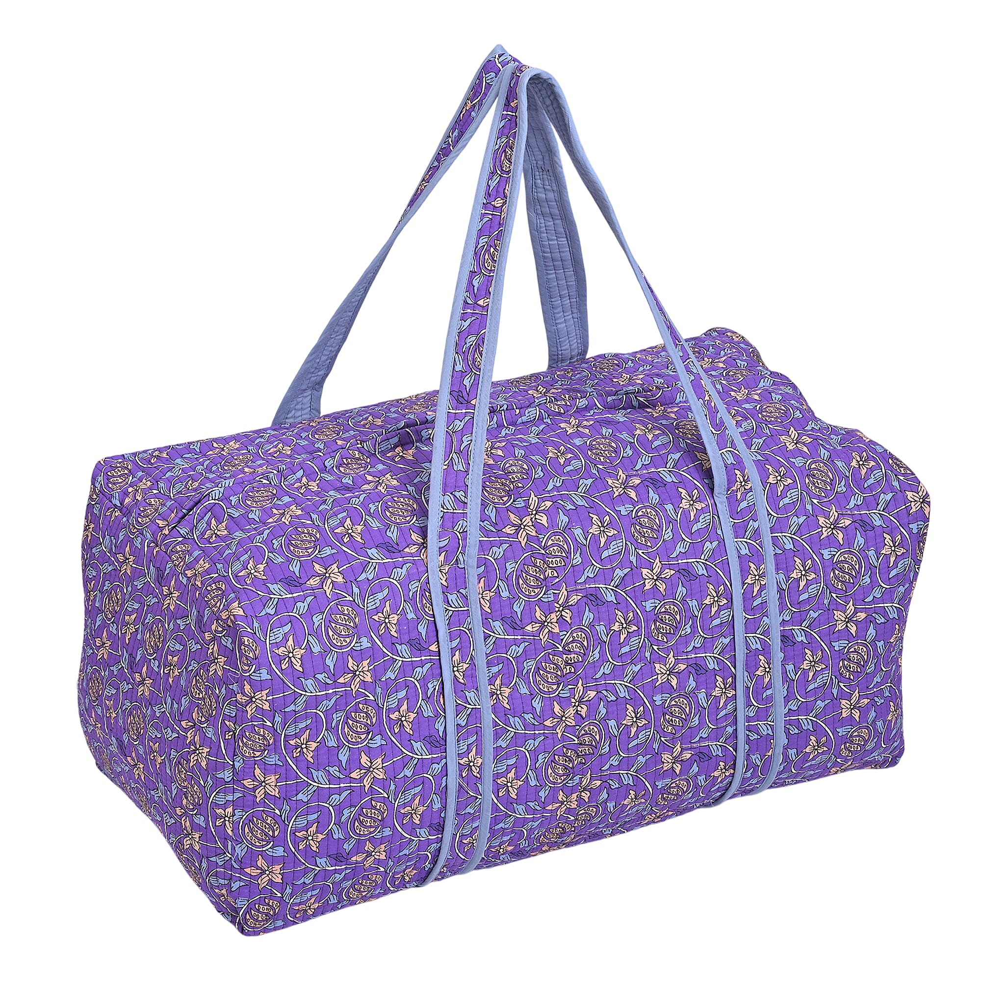 Cotton Hand - Block Floral Print Quilted Travel Duffel Bag - Purple