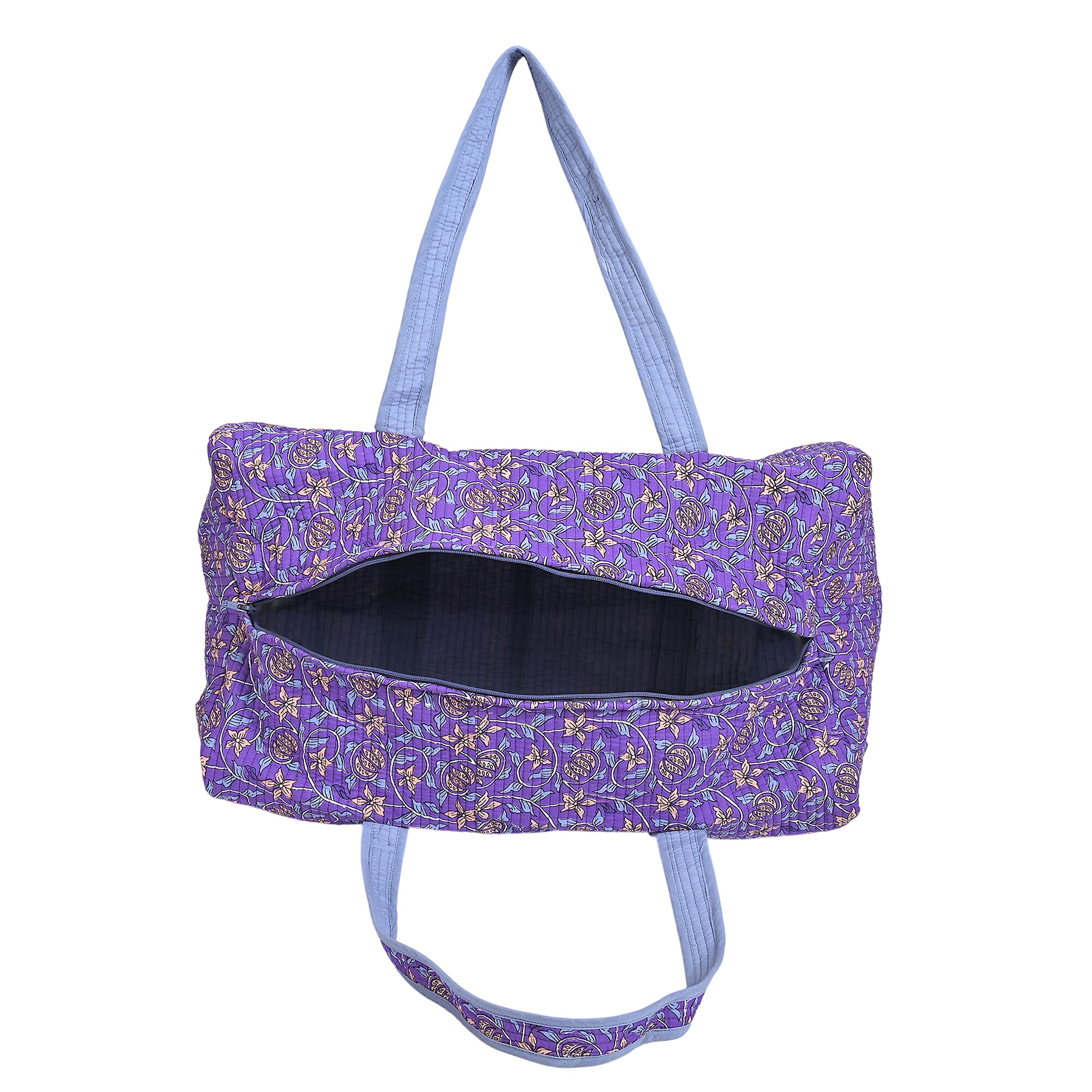 Cotton Hand - Block Floral Print Quilted Travel Duffel Bag - Purple