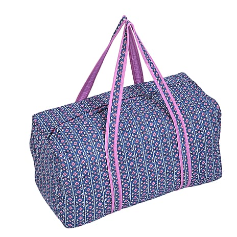 Cotton Hand - Block Floral Print Quilted Travel Duffel Bag - Navy & Purple
