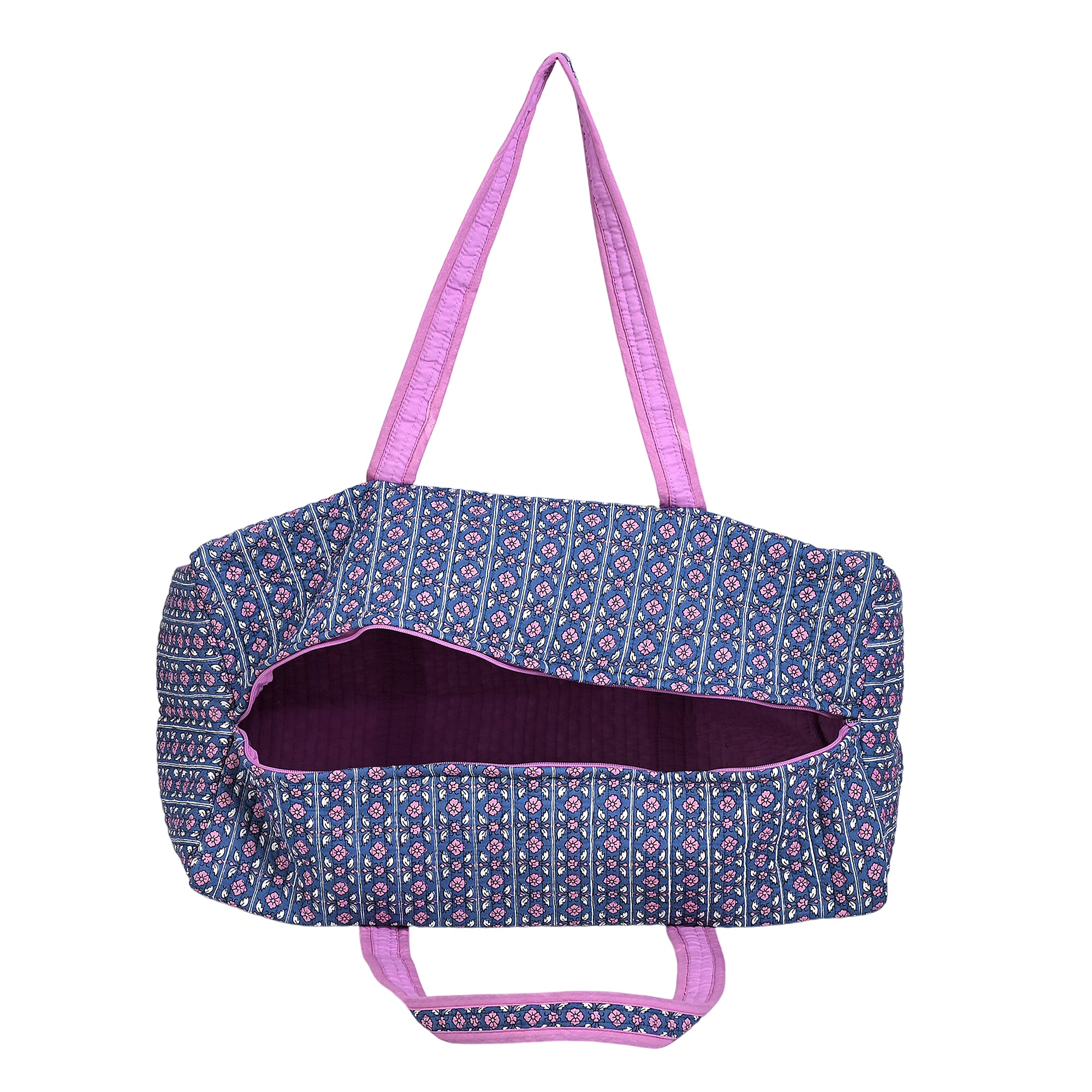 Cotton Hand - Block Floral Print Quilted Travel Duffel Bag - Navy & Purple