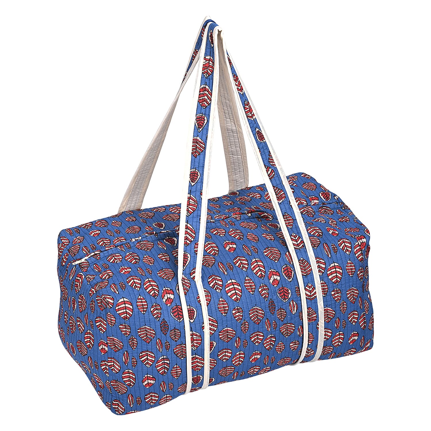 Quilted Fabric Floral Print Travel Duffel Bag - Blue & Red