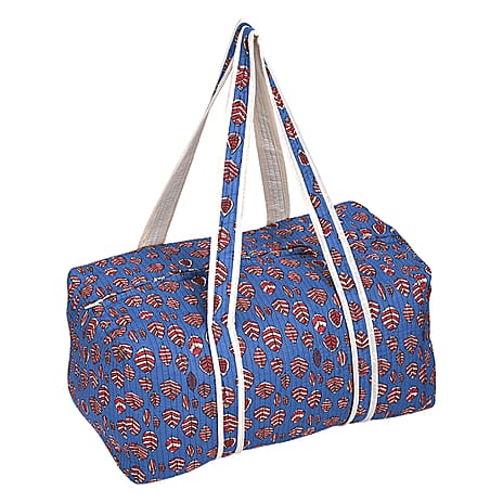 Quilted Fabric Floral Print Travel Duffel Bag - Blue & Red