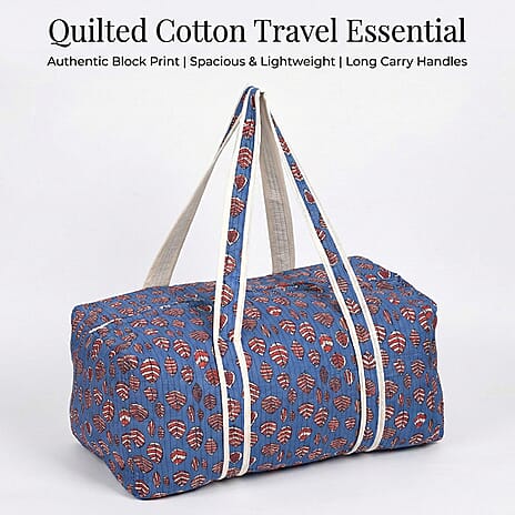 Quilted Fabric Floral Print Travel Duffel Bag - Blue & Red