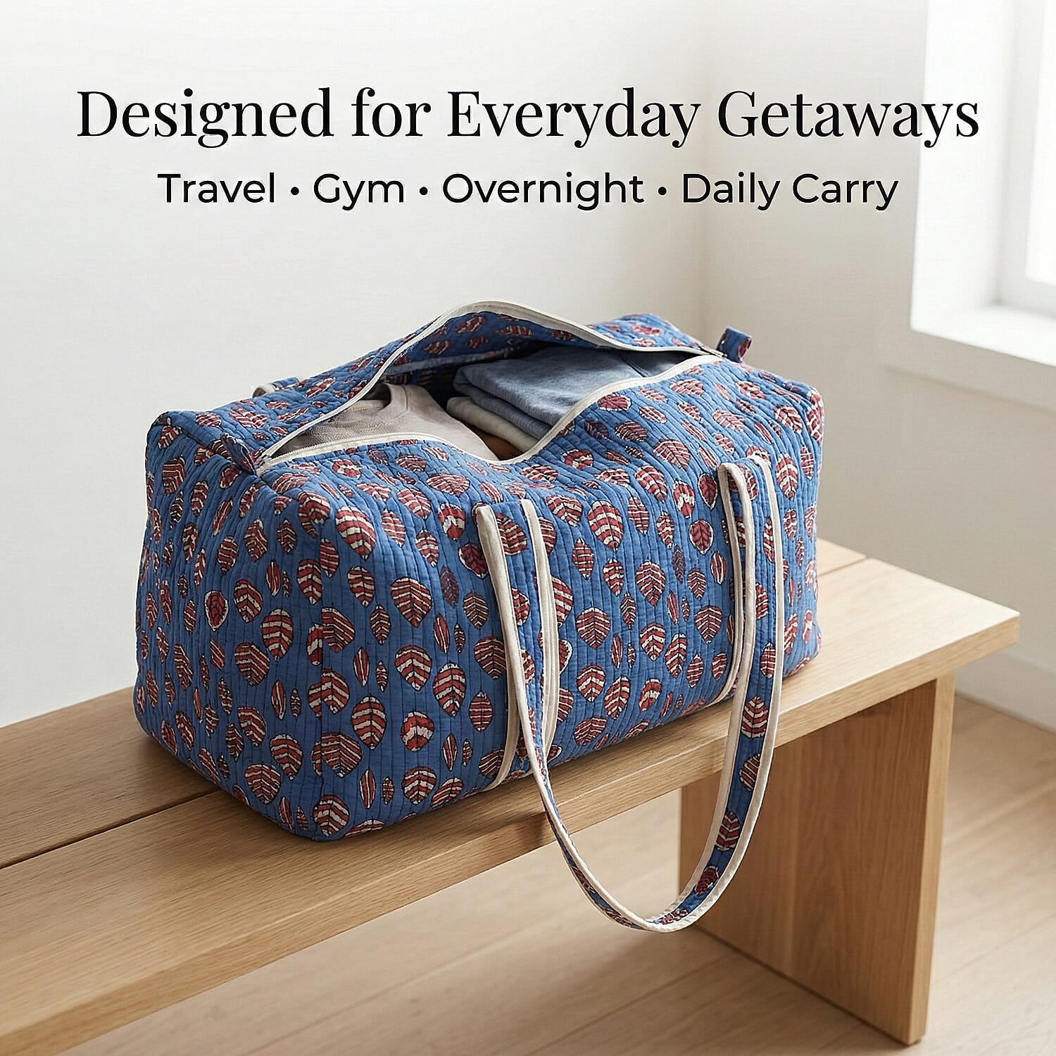 Quilted Fabric Floral Print Travel Duffel Bag - Blue & Red