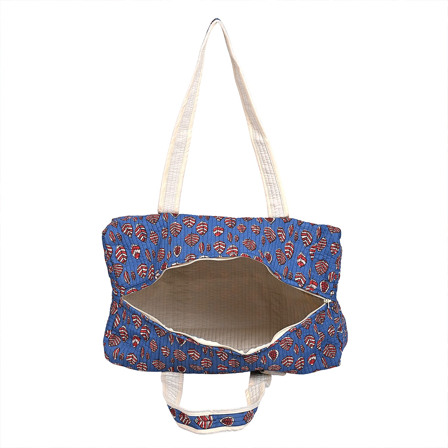 Quilted Fabric Floral Print Travel Duffel Bag - Blue & Red