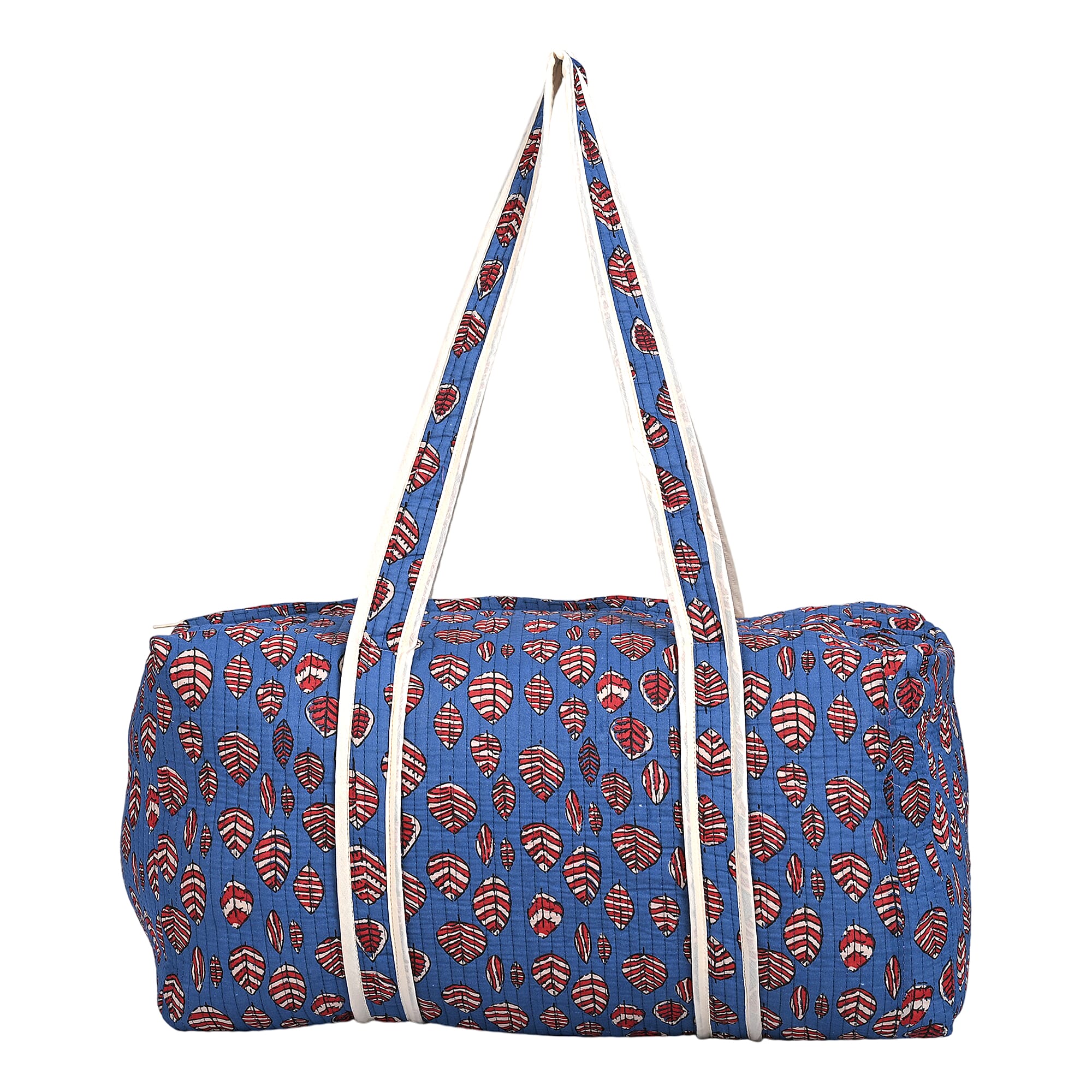 Quilted Fabric Floral Print Travel Duffel Bag - Blue & Red