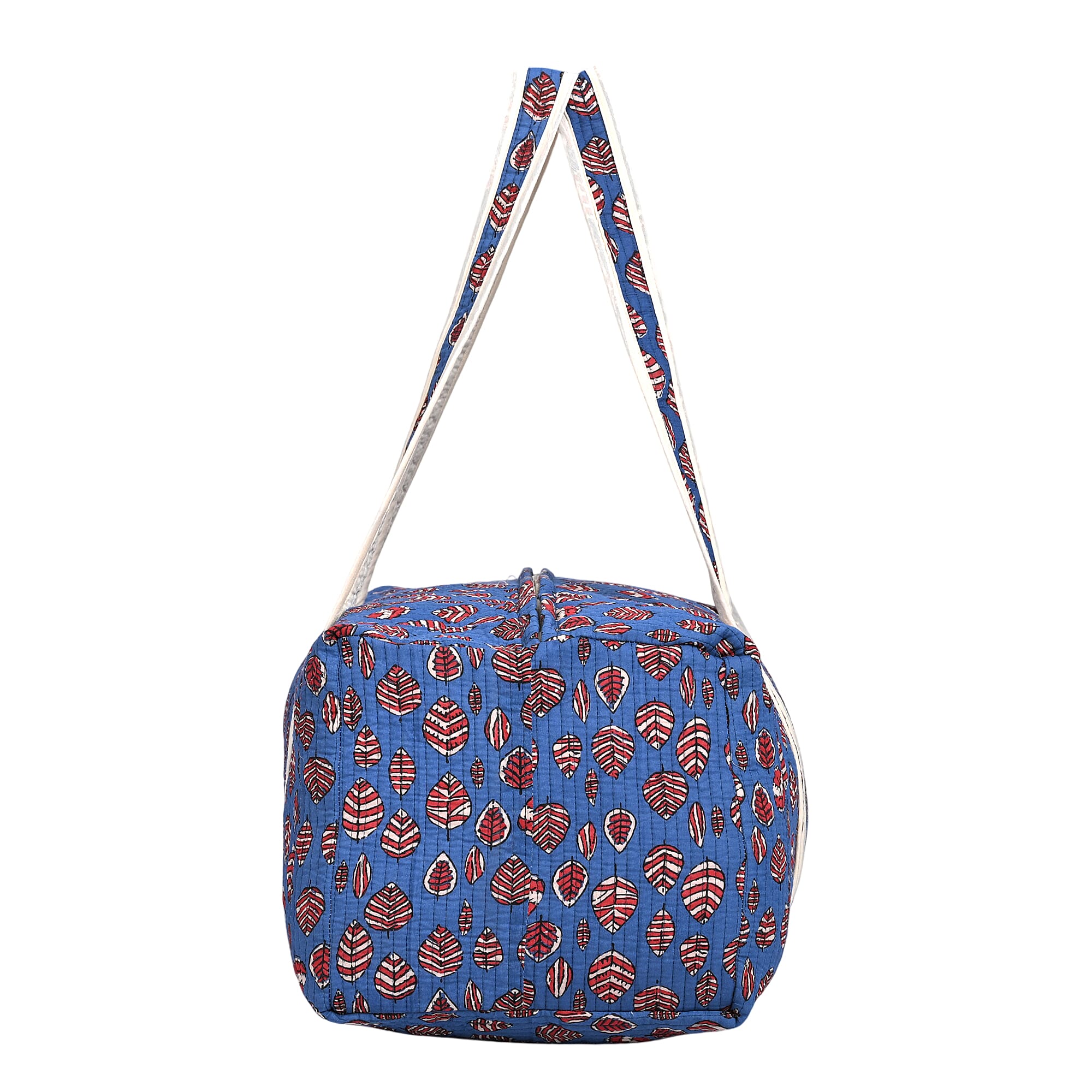Quilted Fabric Floral Print Travel Duffel Bag - Blue & Red