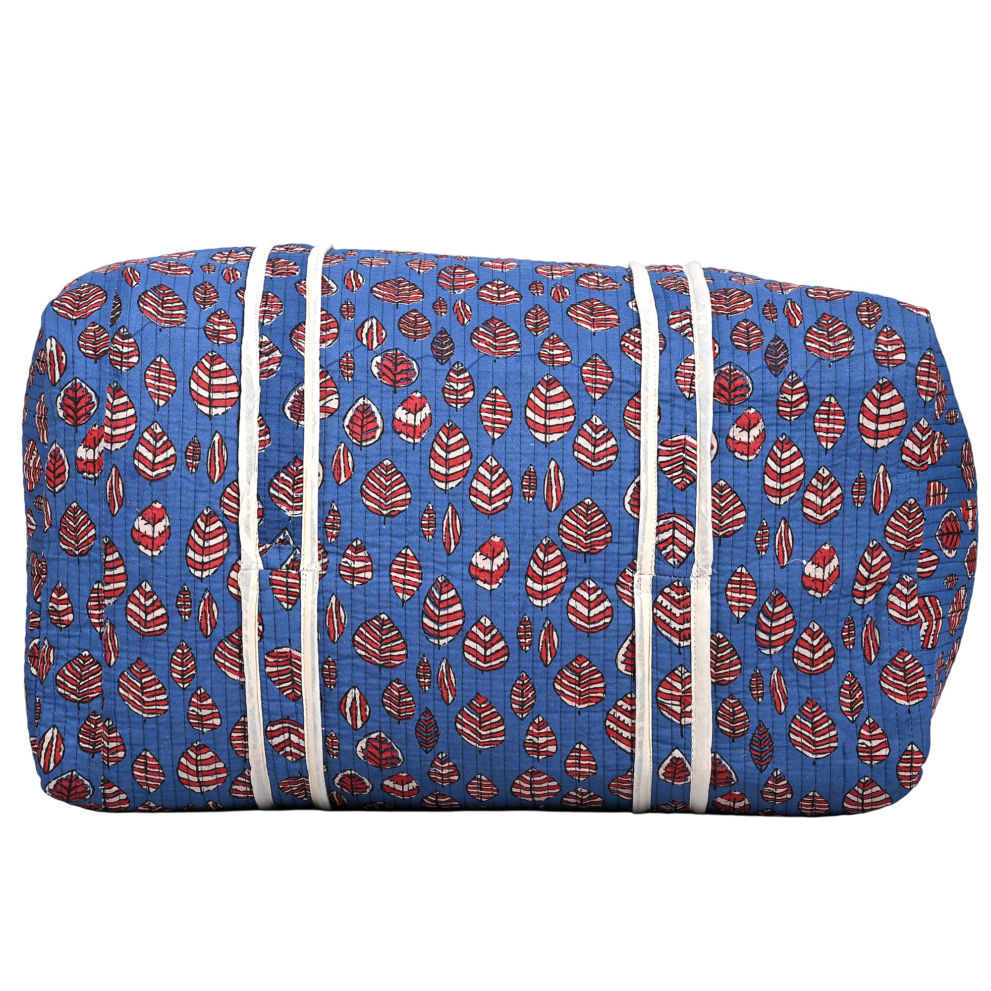 Quilted Fabric Floral Print Travel Duffel Bag - Blue & Red