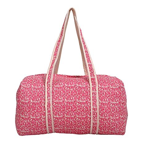Quilted Fabric Abstract Floral Print Travel Duffel Bag - Pink & Cream