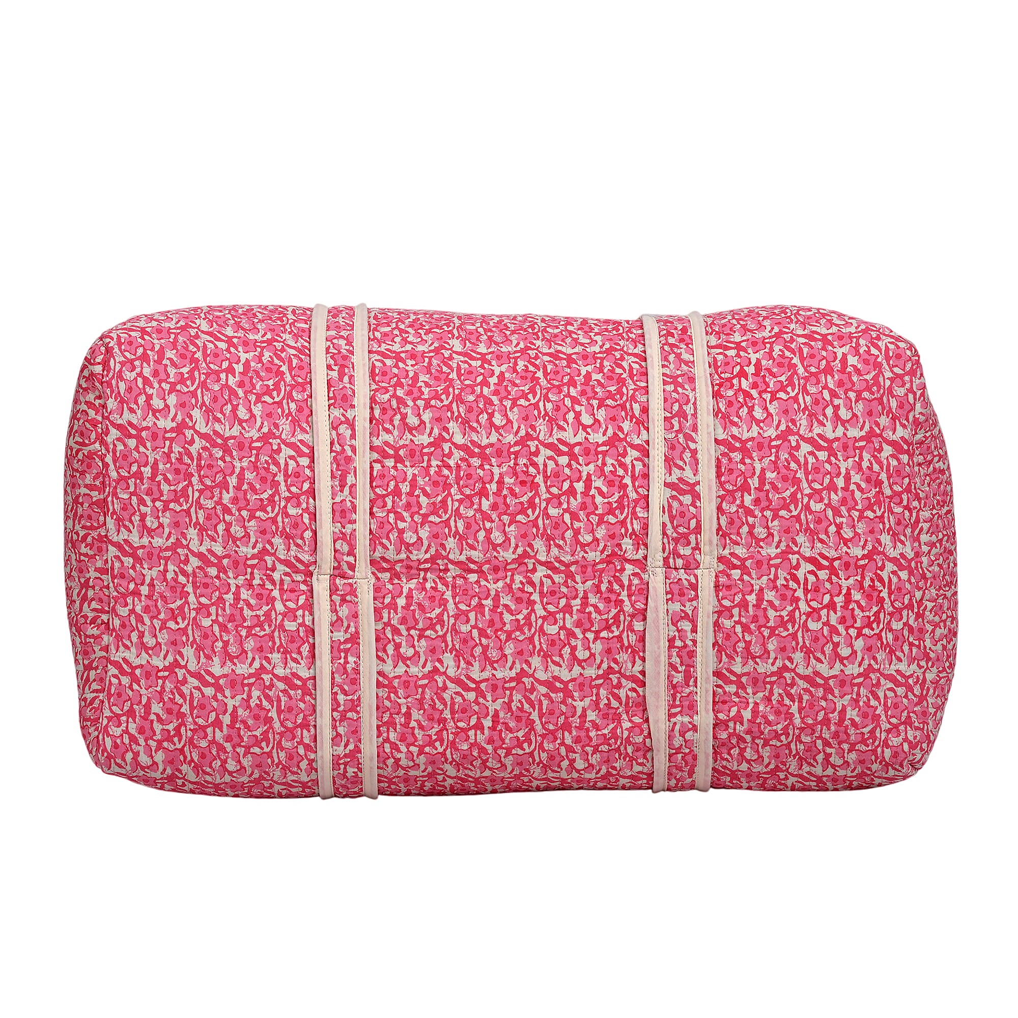 Quilted Fabric Abstract Floral Print Travel Duffel Bag - Pink & Cream